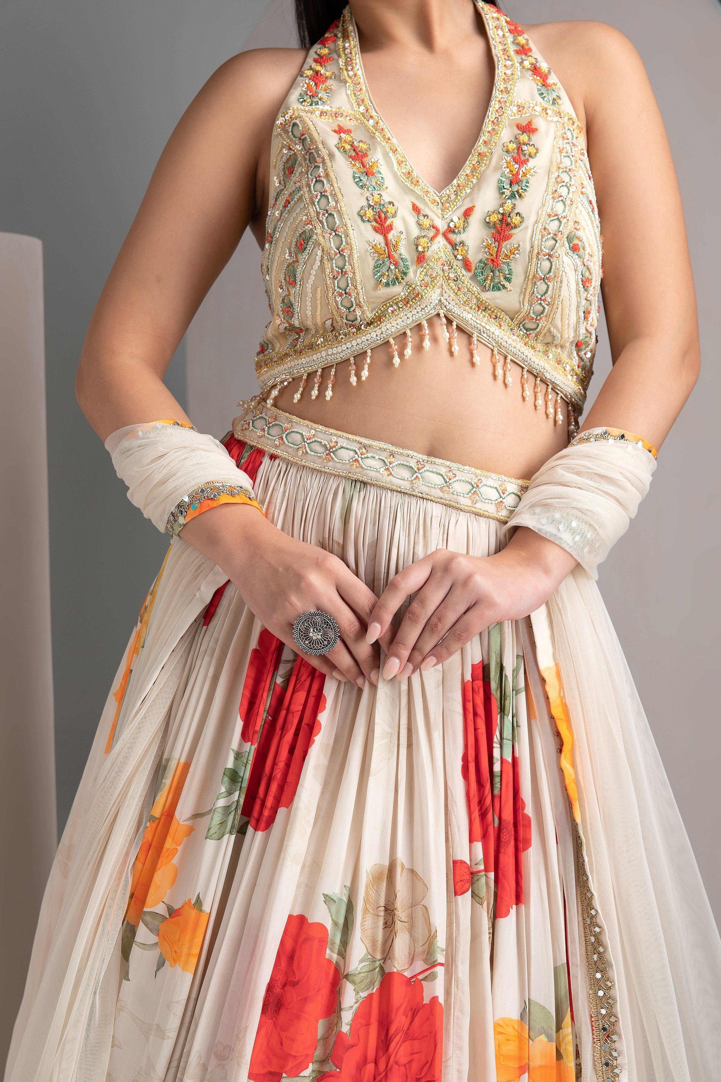 Ivory Floral Lehenga with Embroidered Blouse - Mokshaa