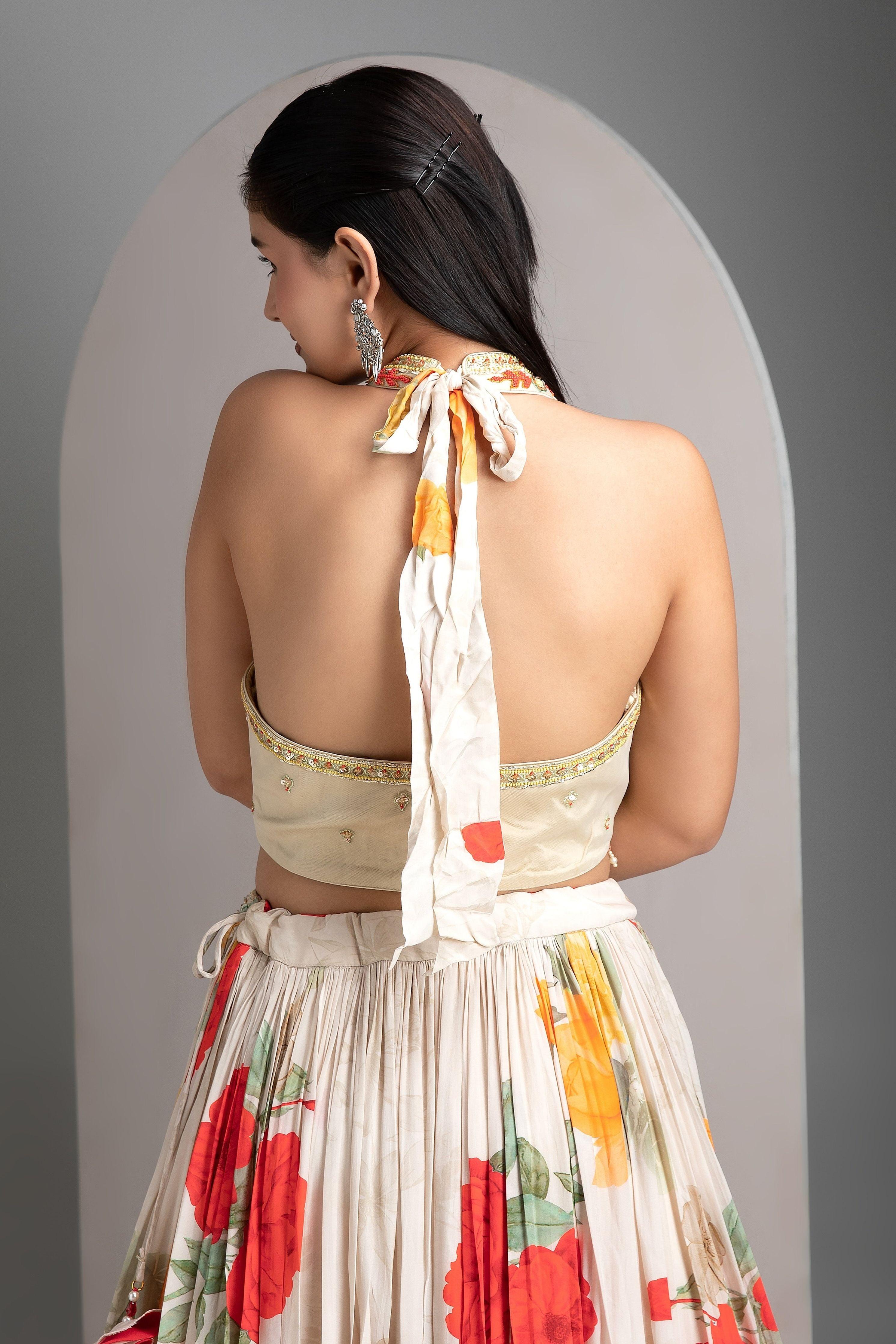 Ivory Floral Lehenga with Embroidered Blouse - Mokshaa