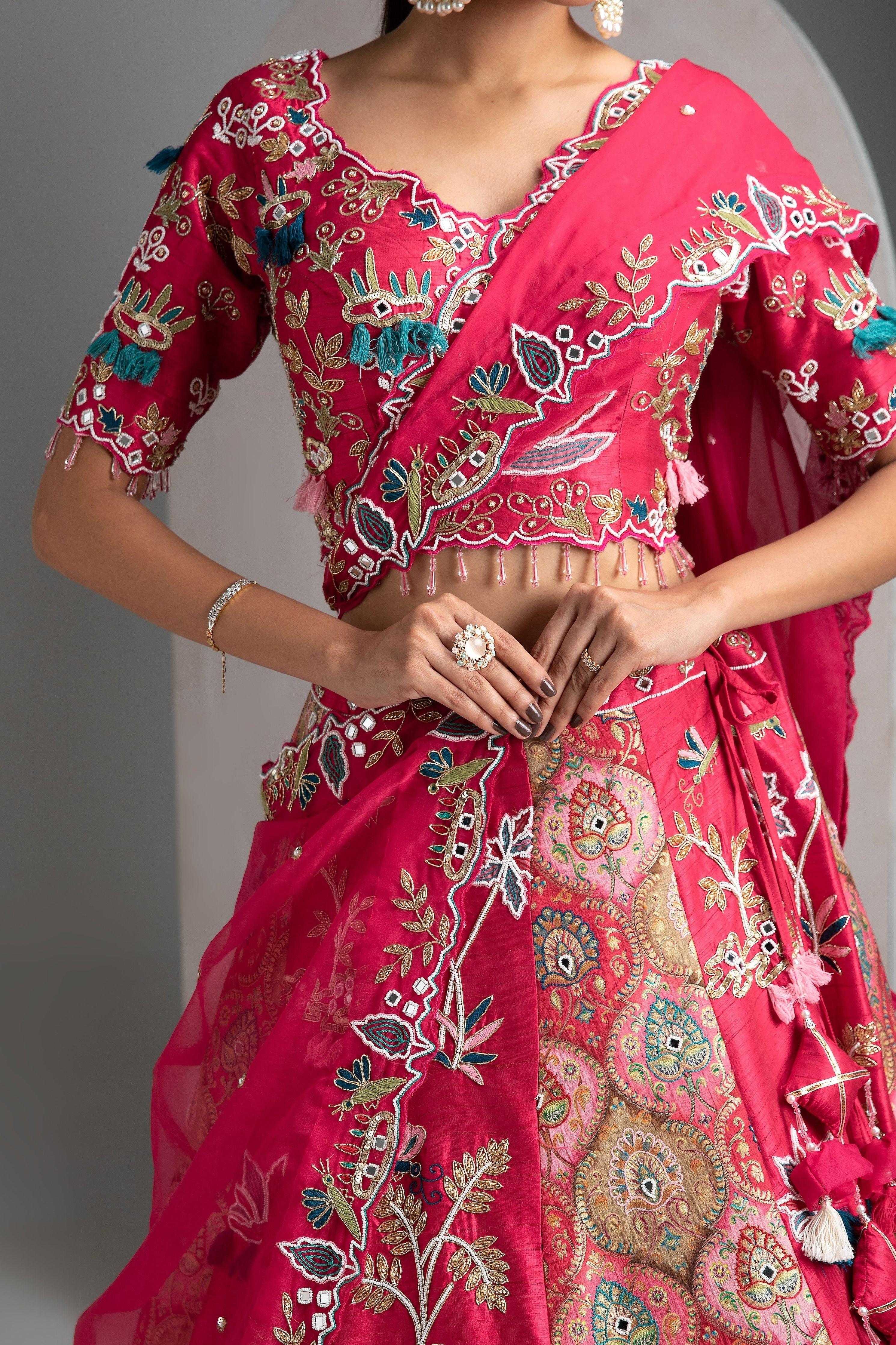 Hot Pink Silk Lehenga Set - Mokshaa