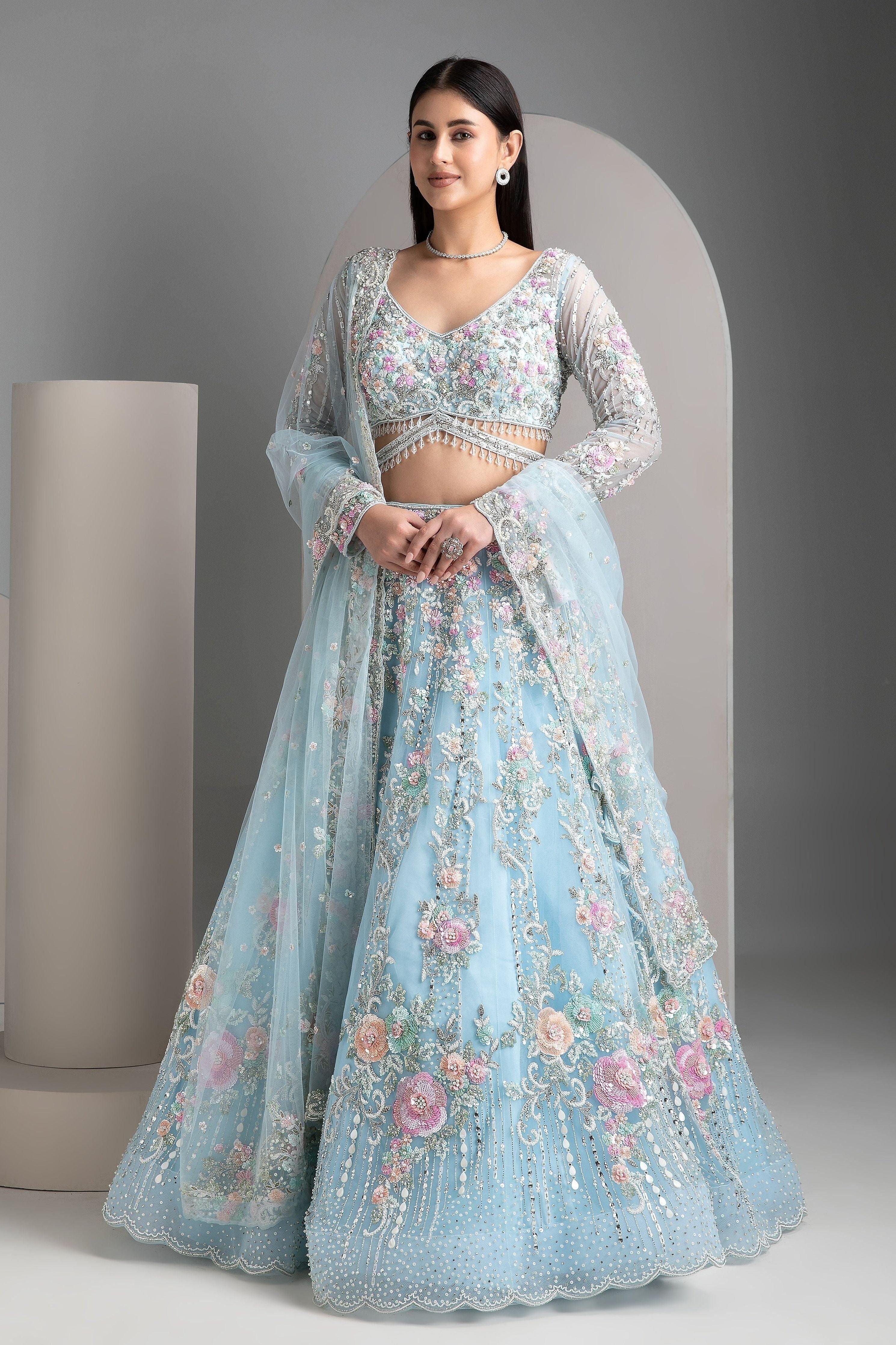 L Ice Blue Lehenga Set
