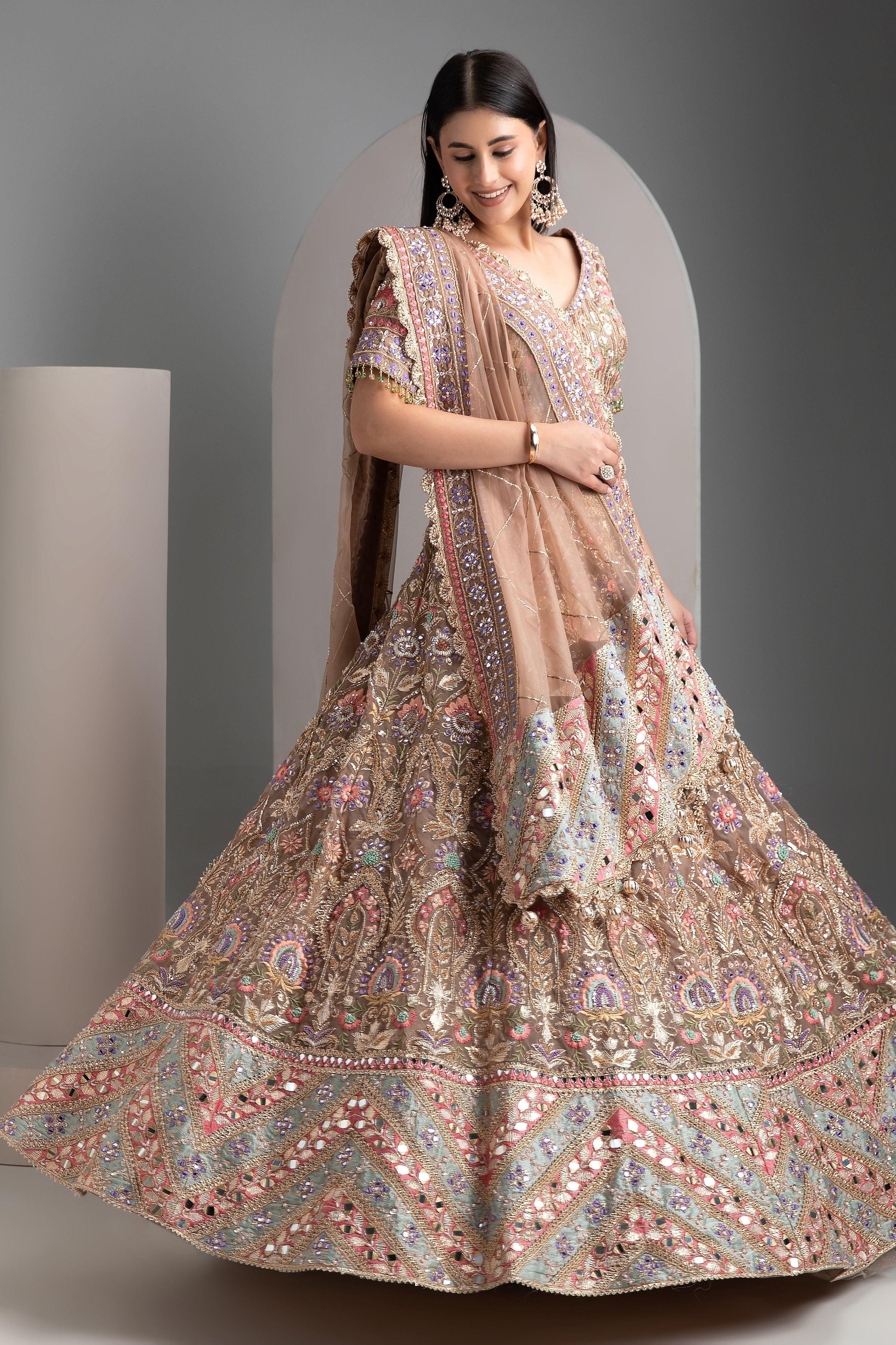 Pale brown organza lehenga set - Mokshaa