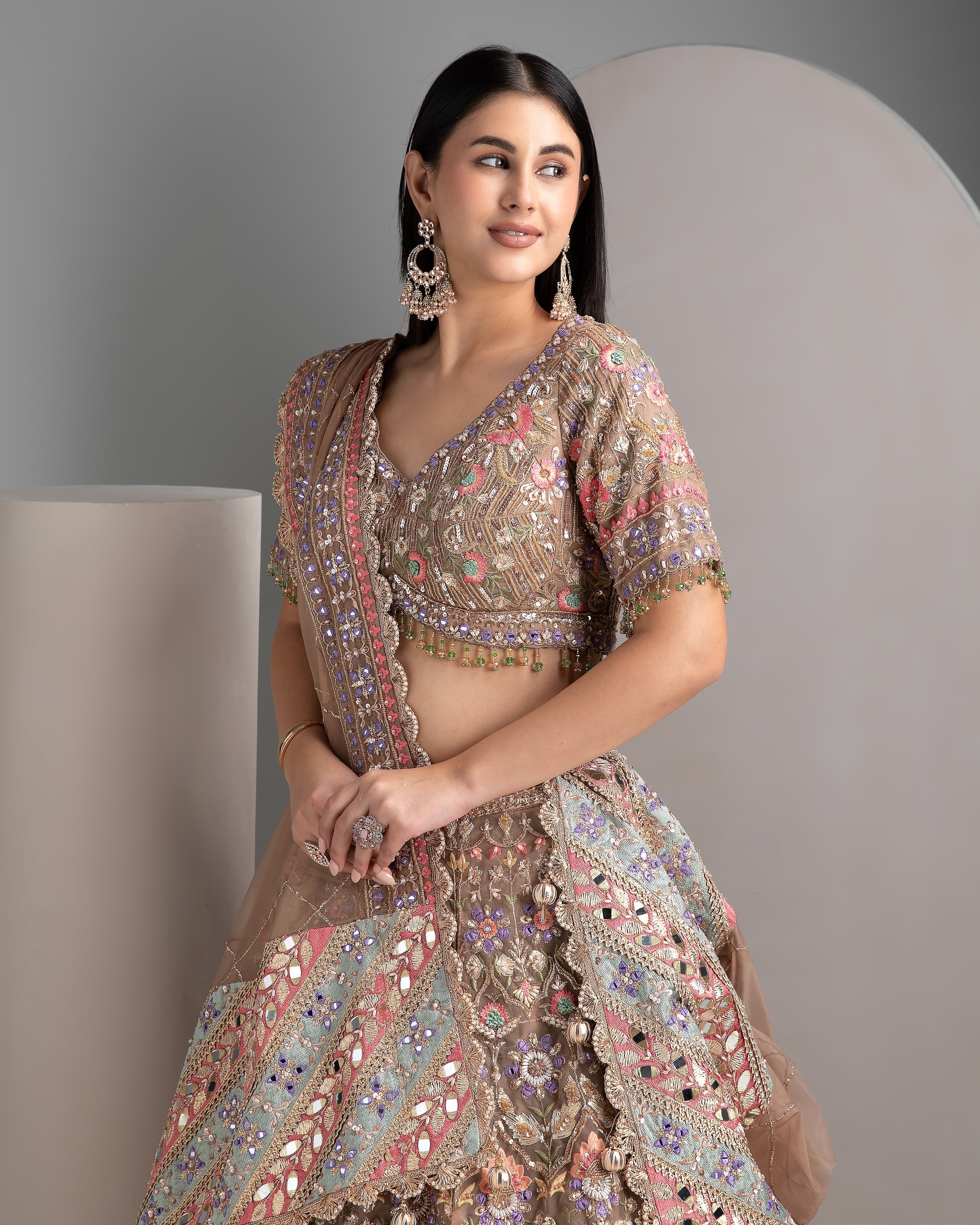 Pale brown organza lehenga set - Mokshaa