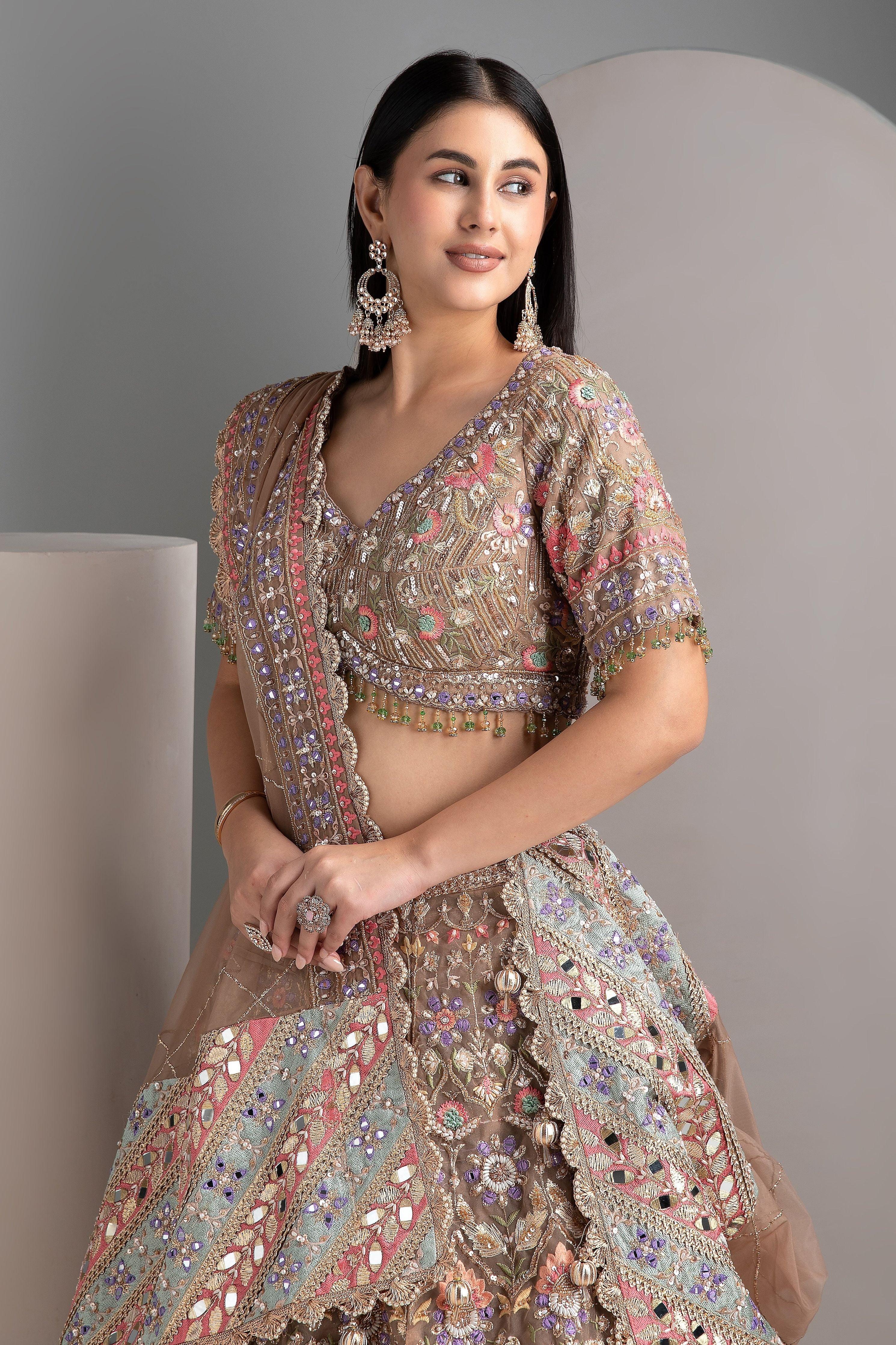 Pale brown organza lehenga set - Mokshaa