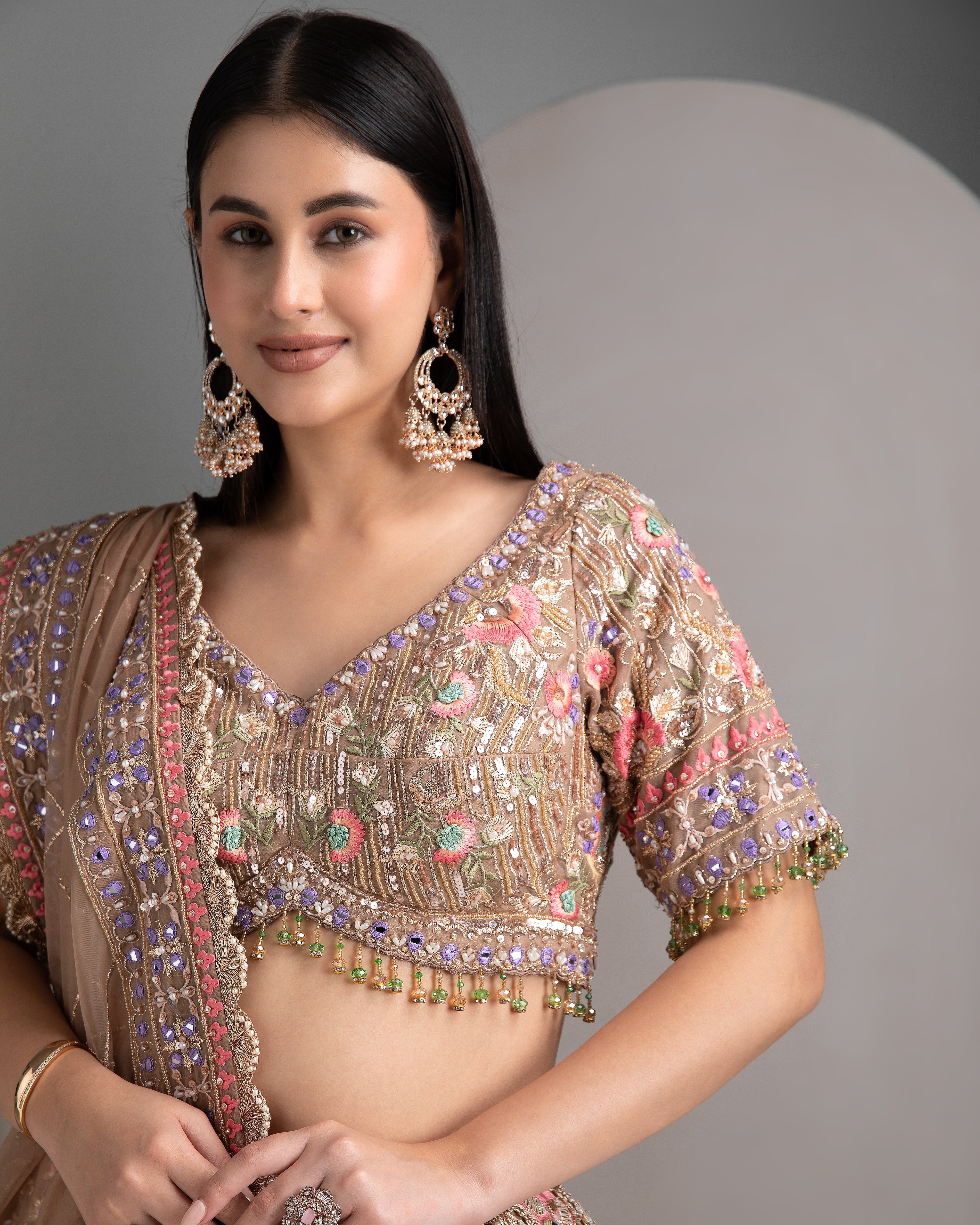 Pale brown organza lehenga set - Mokshaa