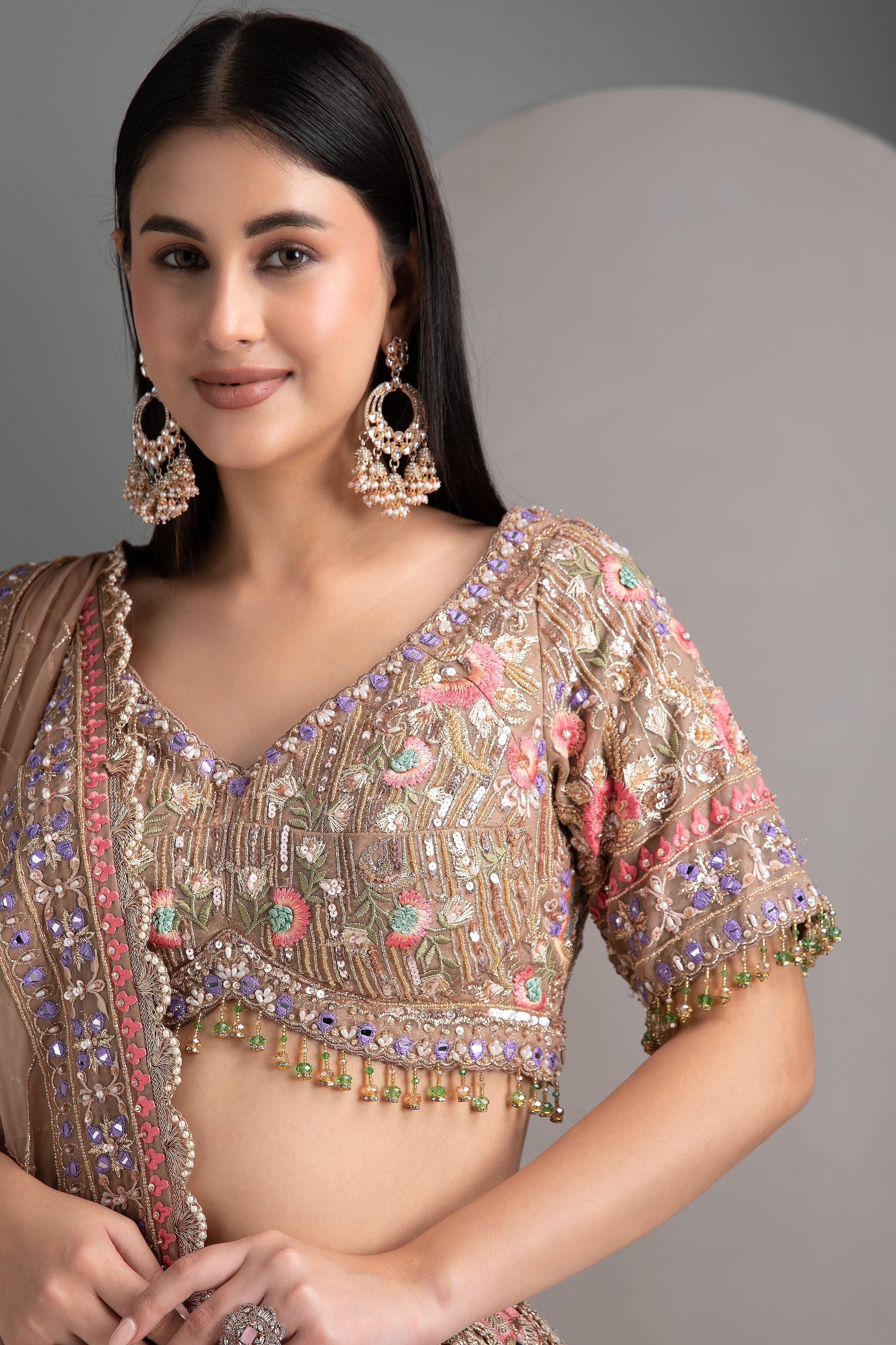 Pale brown organza lehenga set - Mokshaa