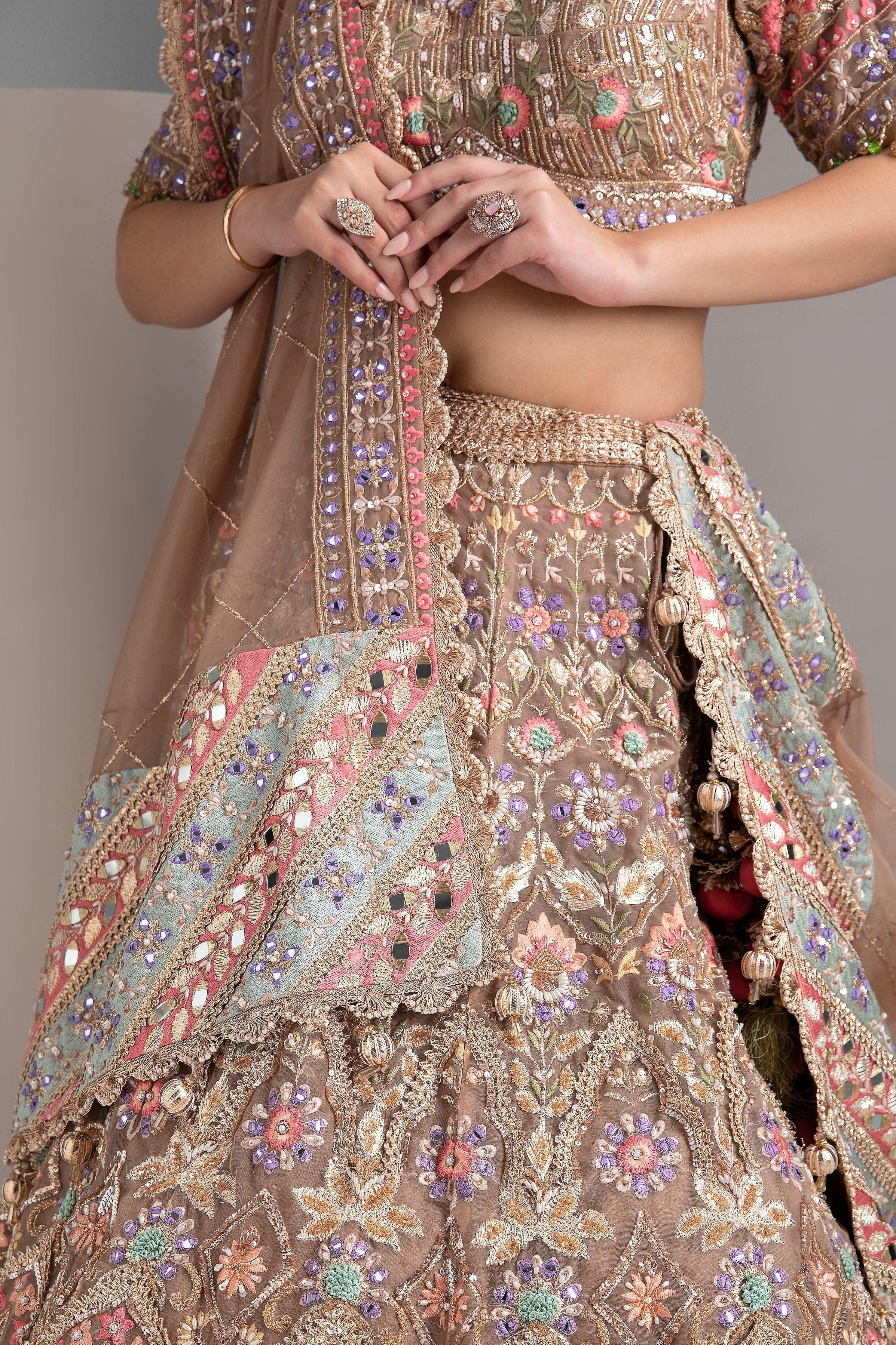 Pale brown organza lehenga set - Mokshaa