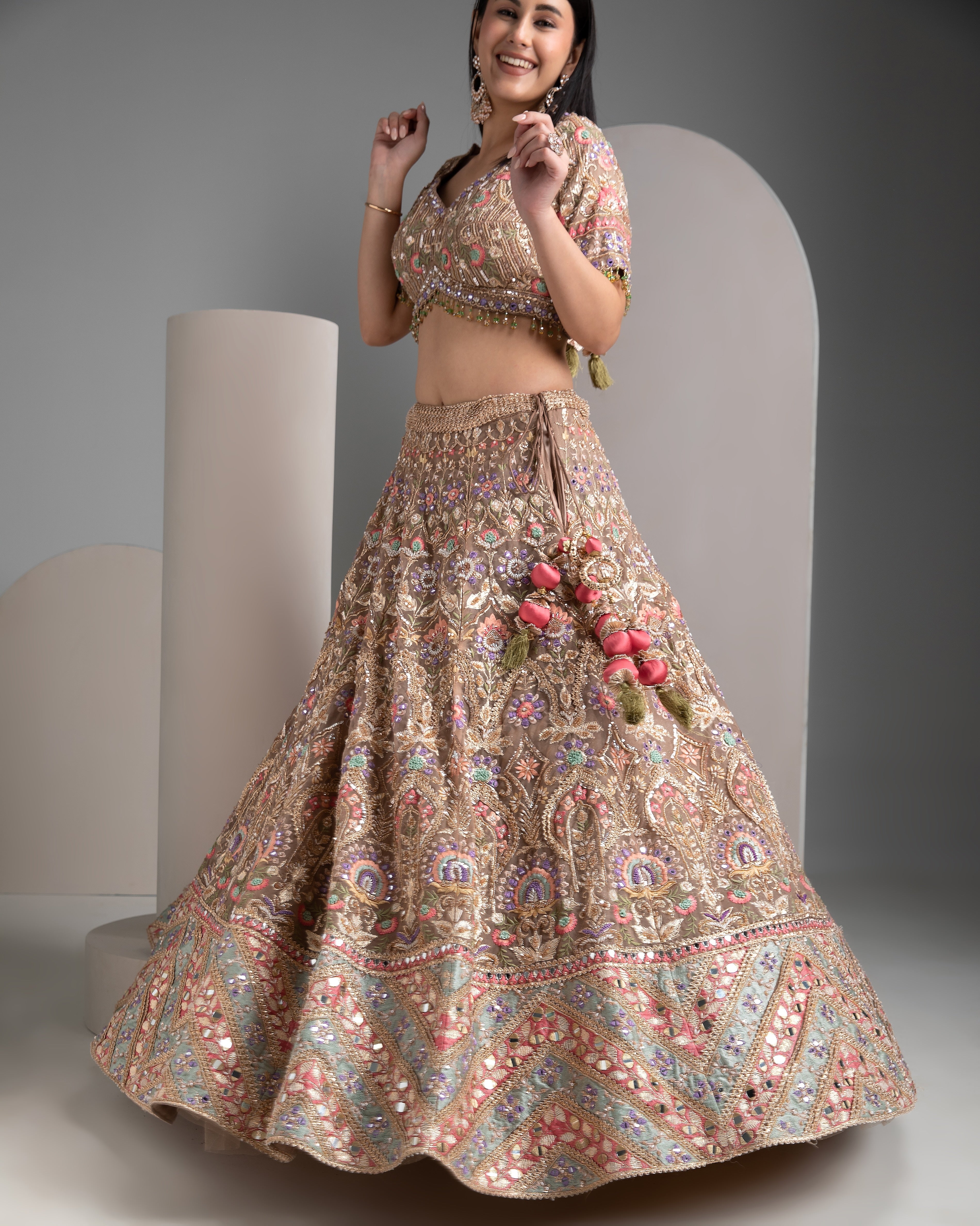 Pale brown organza lehenga set - Mokshaa