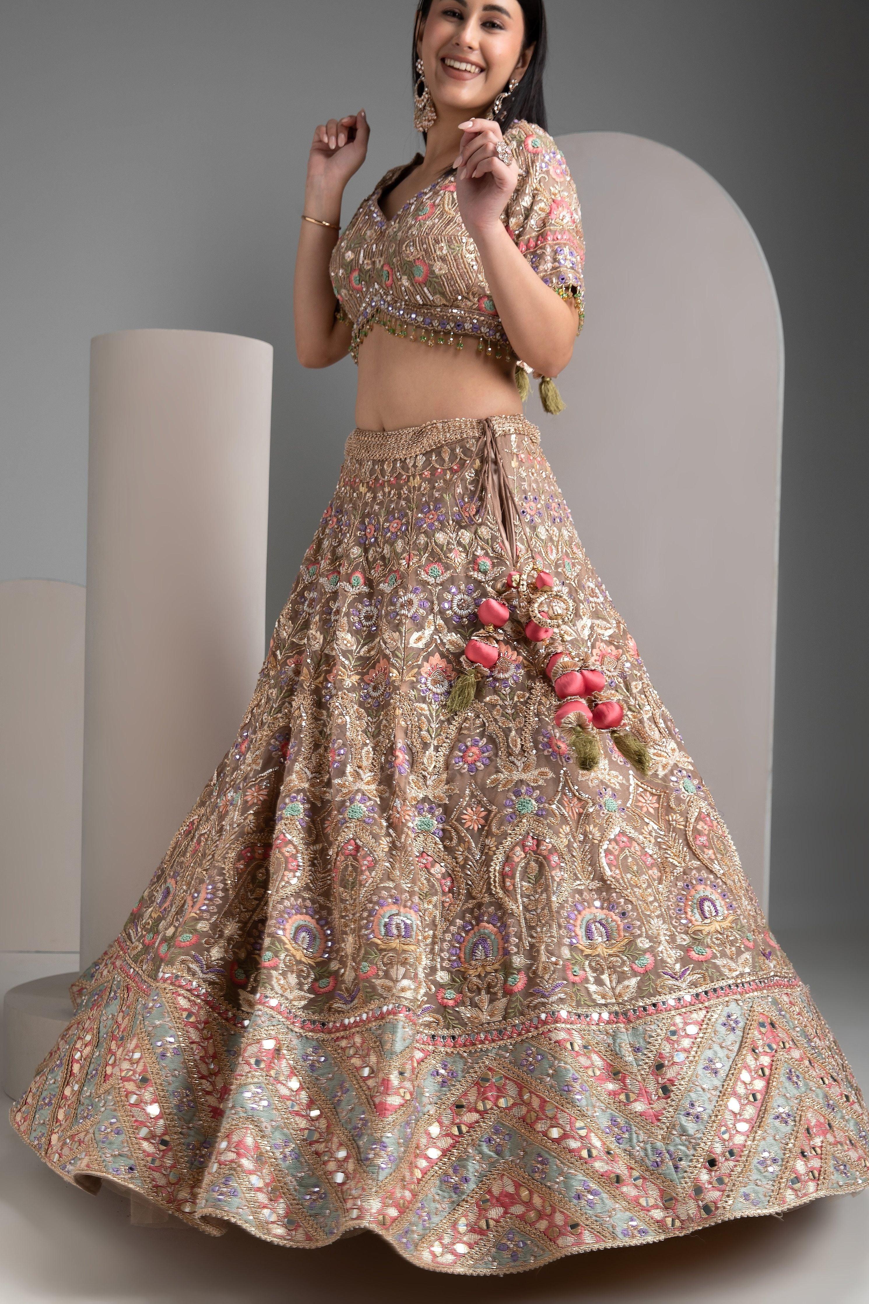 Pale brown organza lehenga set - Mokshaa