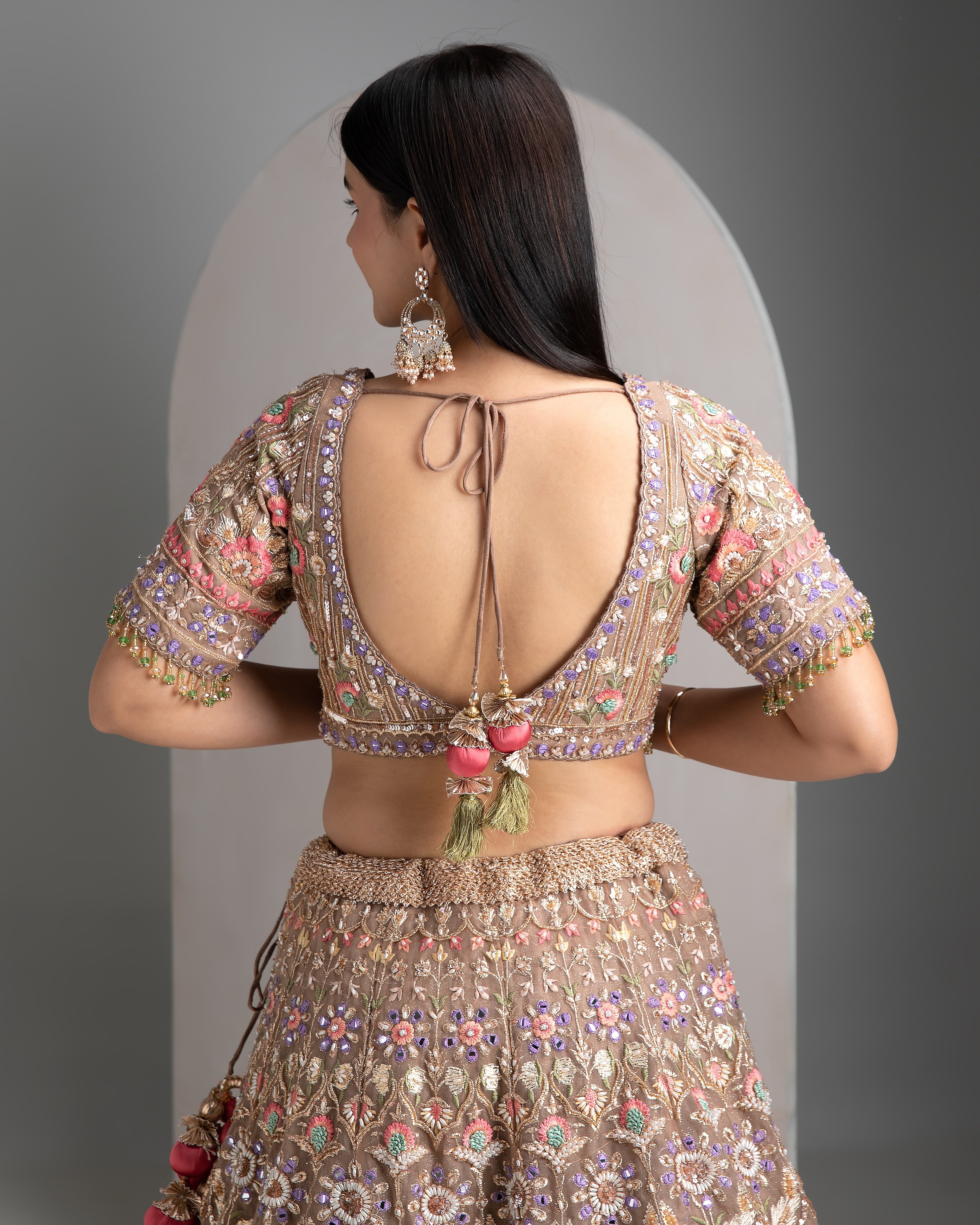 Pale brown organza lehenga set - Mokshaa