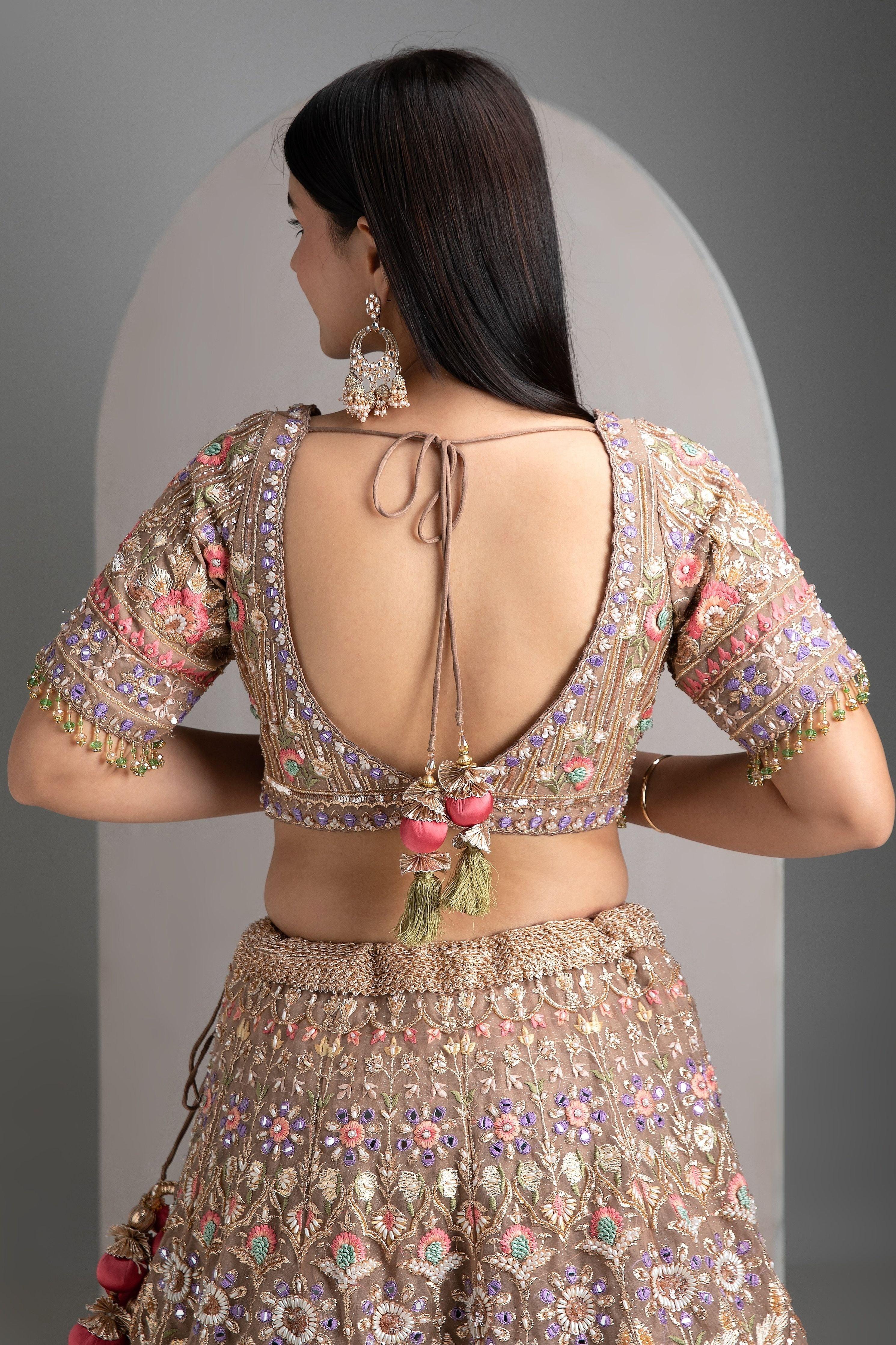 Pale brown organza lehenga set - Mokshaa
