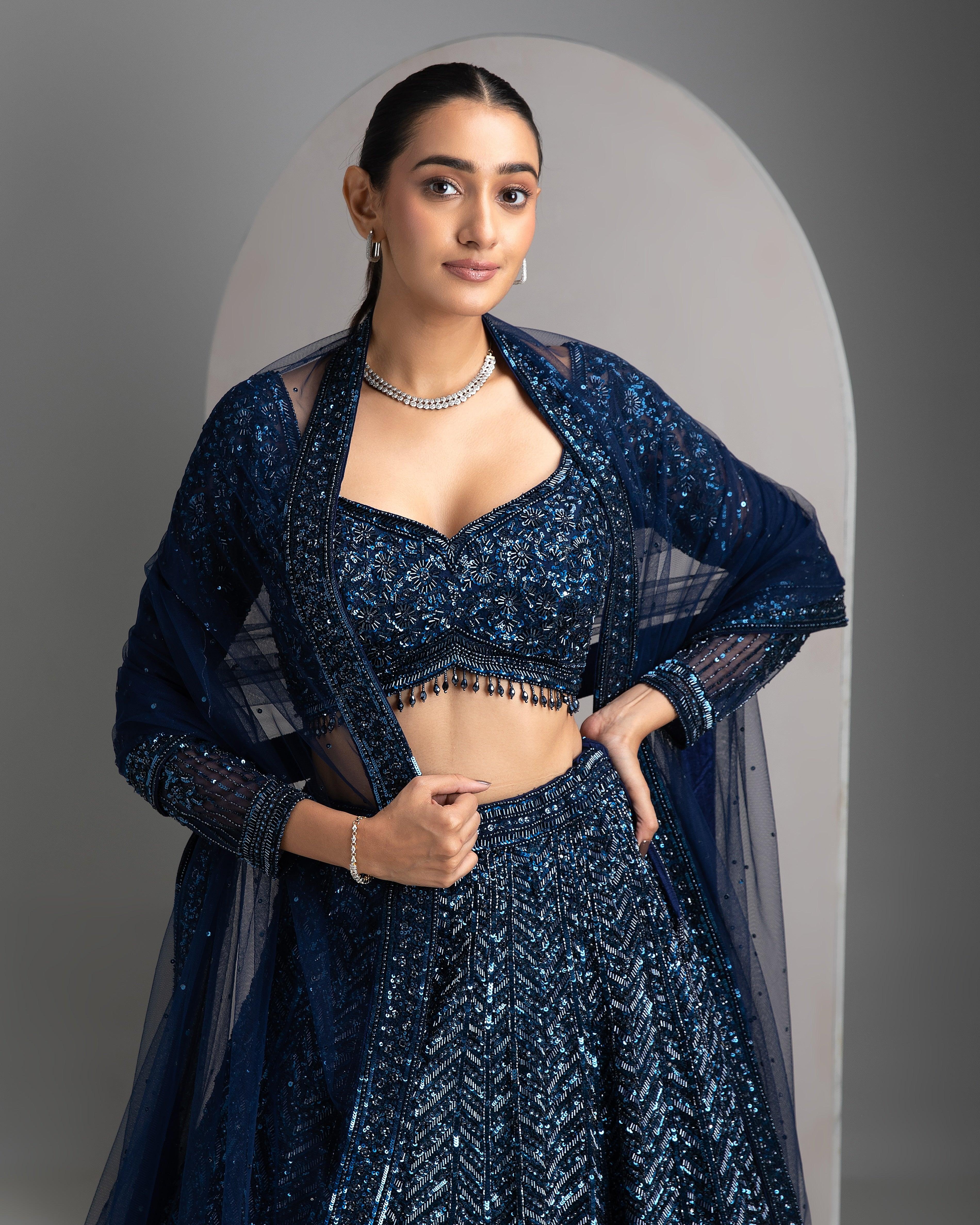 Navy Sequin Embriodred Lehenga Set - Mokshaa