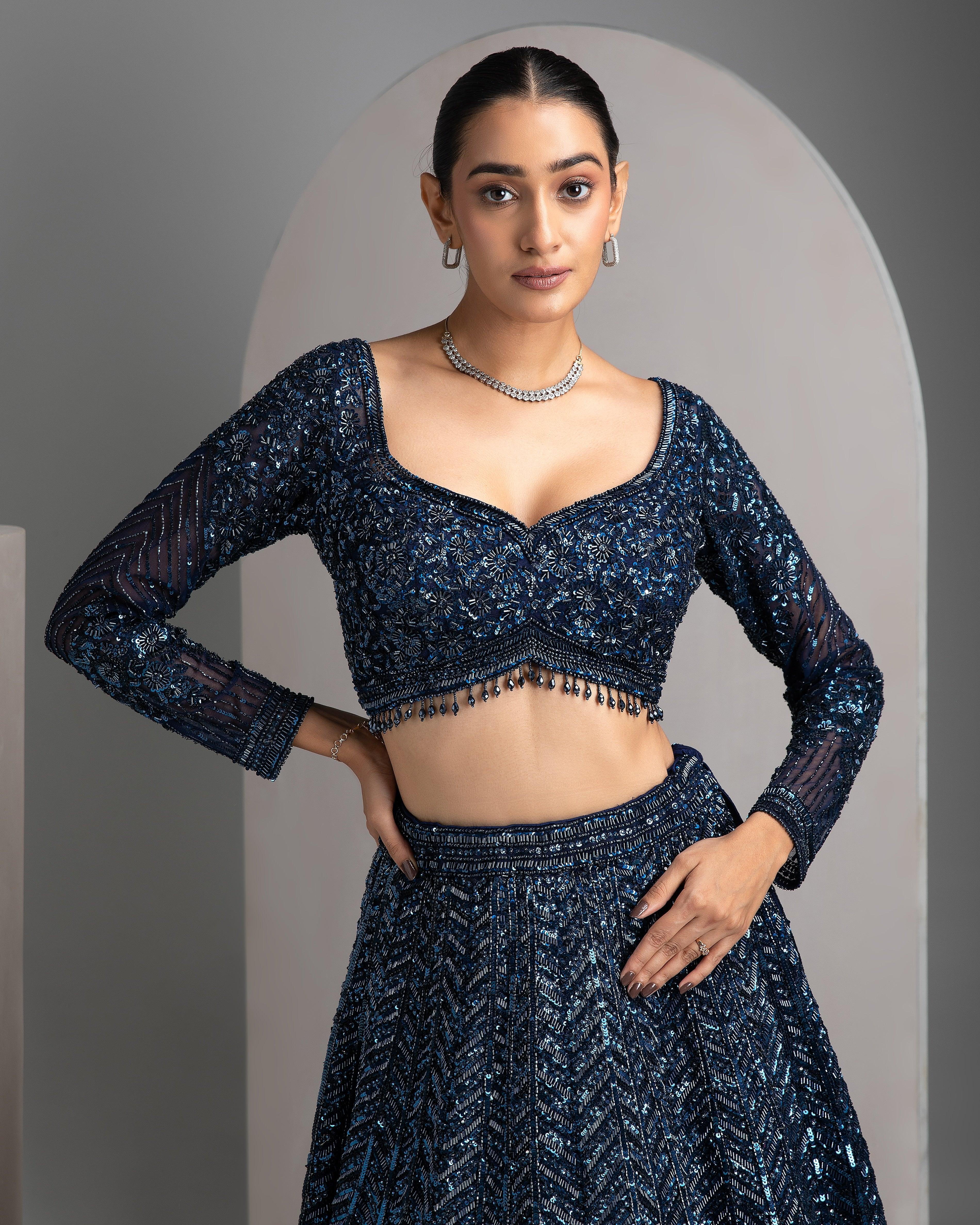Navy Sequin Embriodred Lehenga Set - Mokshaa