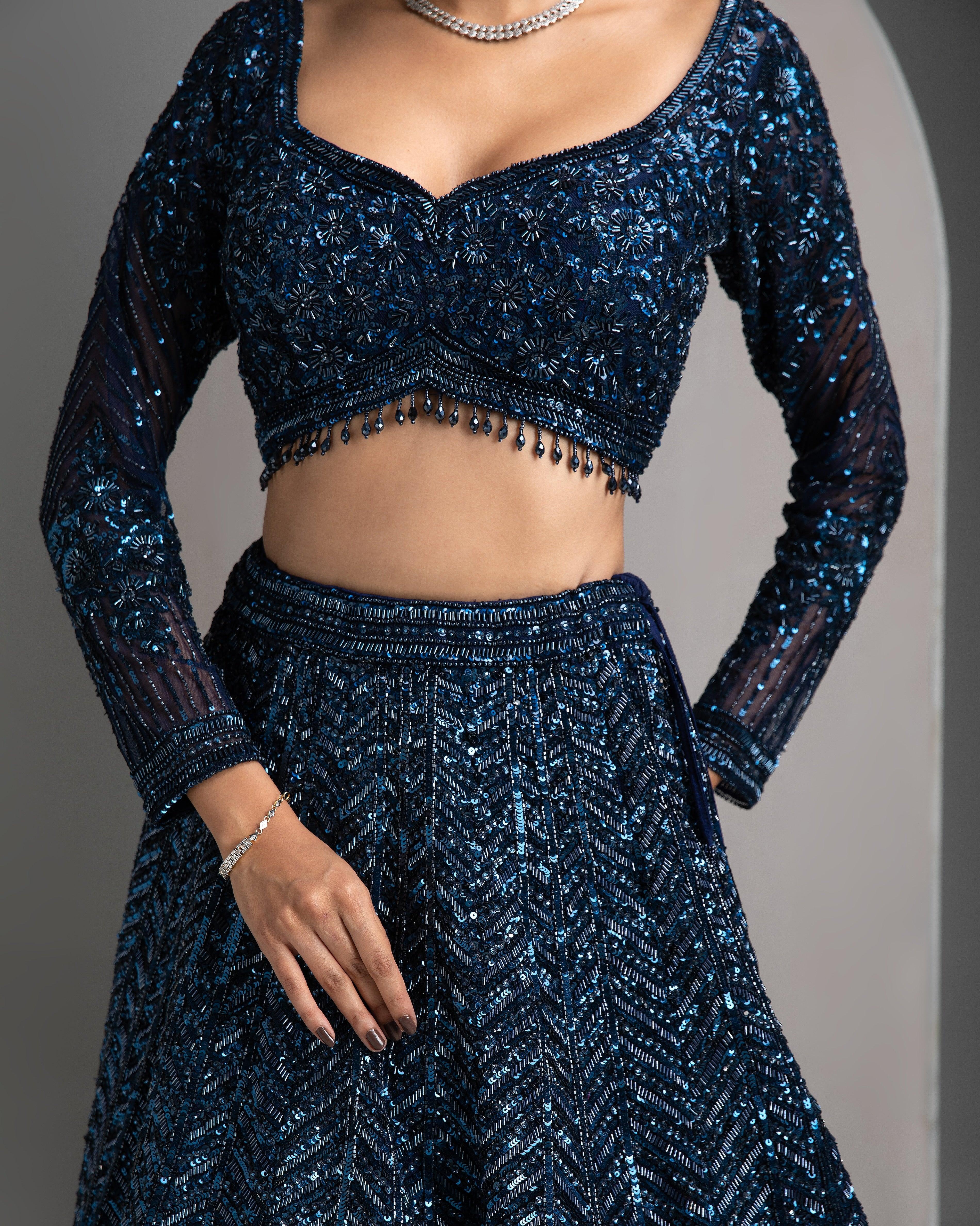 Navy Sequin Embriodred Lehenga Set - Mokshaa