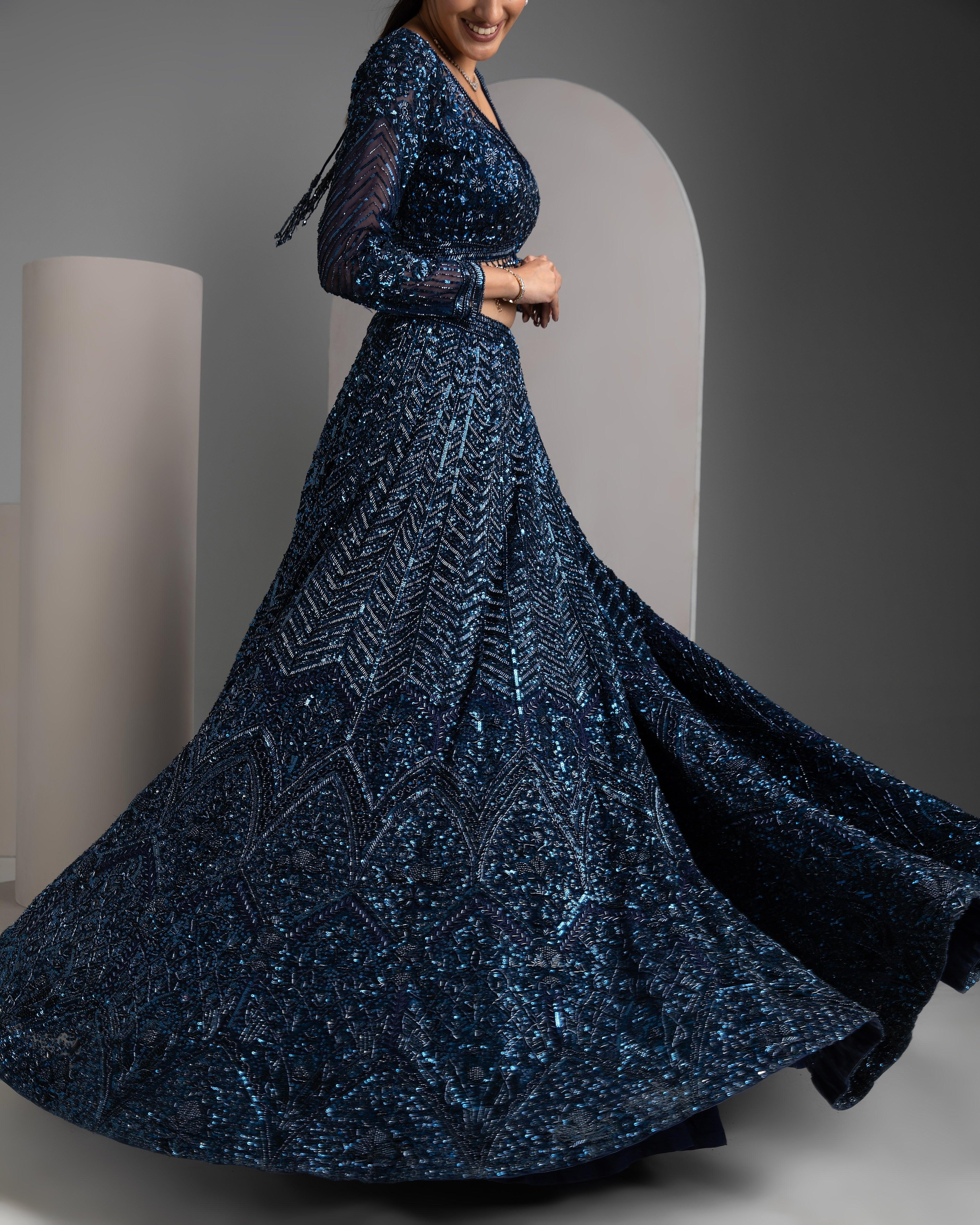 Navy Sequin Embriodred Lehenga Set - Mokshaa