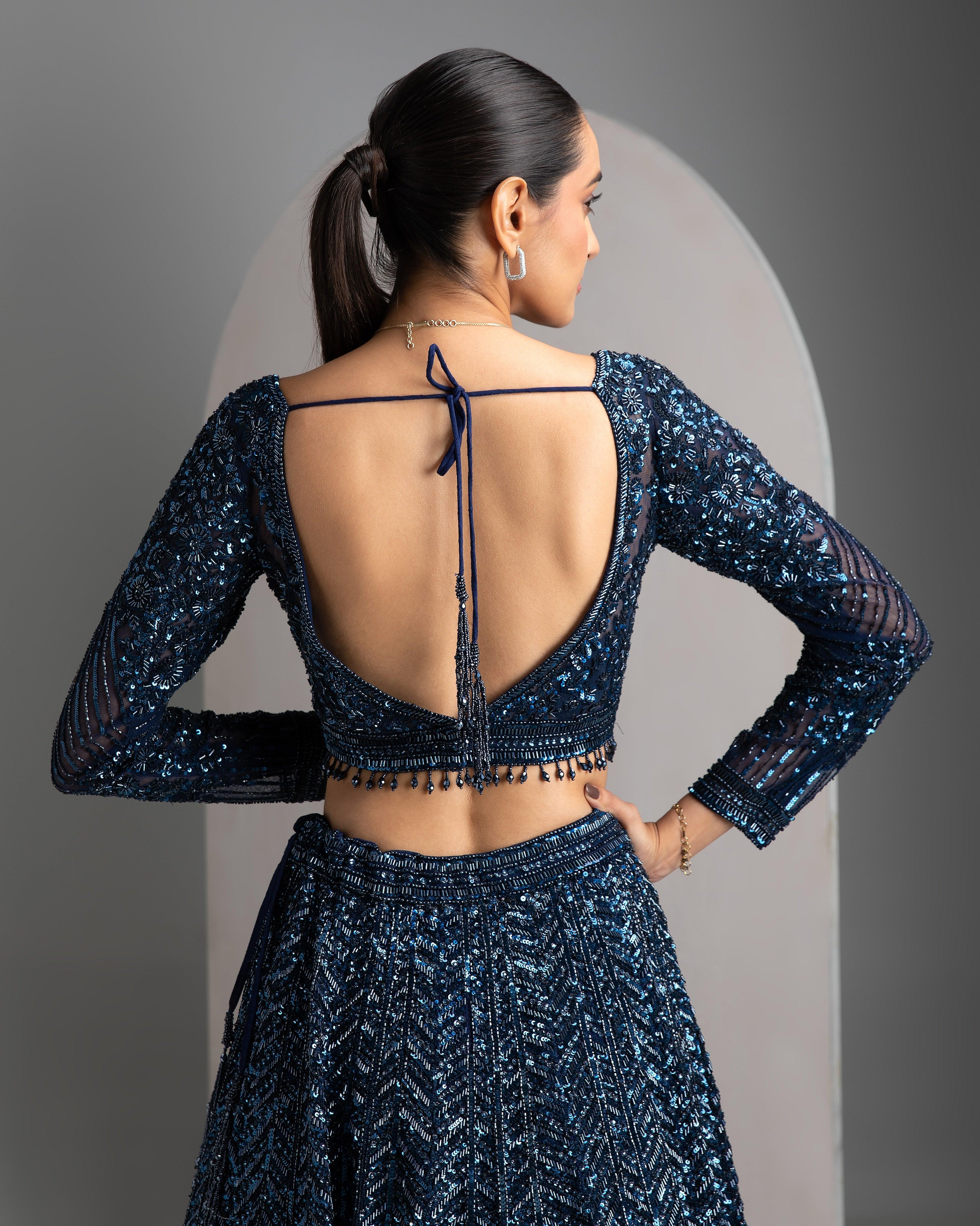 Navy Sequin Embriodred Lehenga Set - Mokshaa