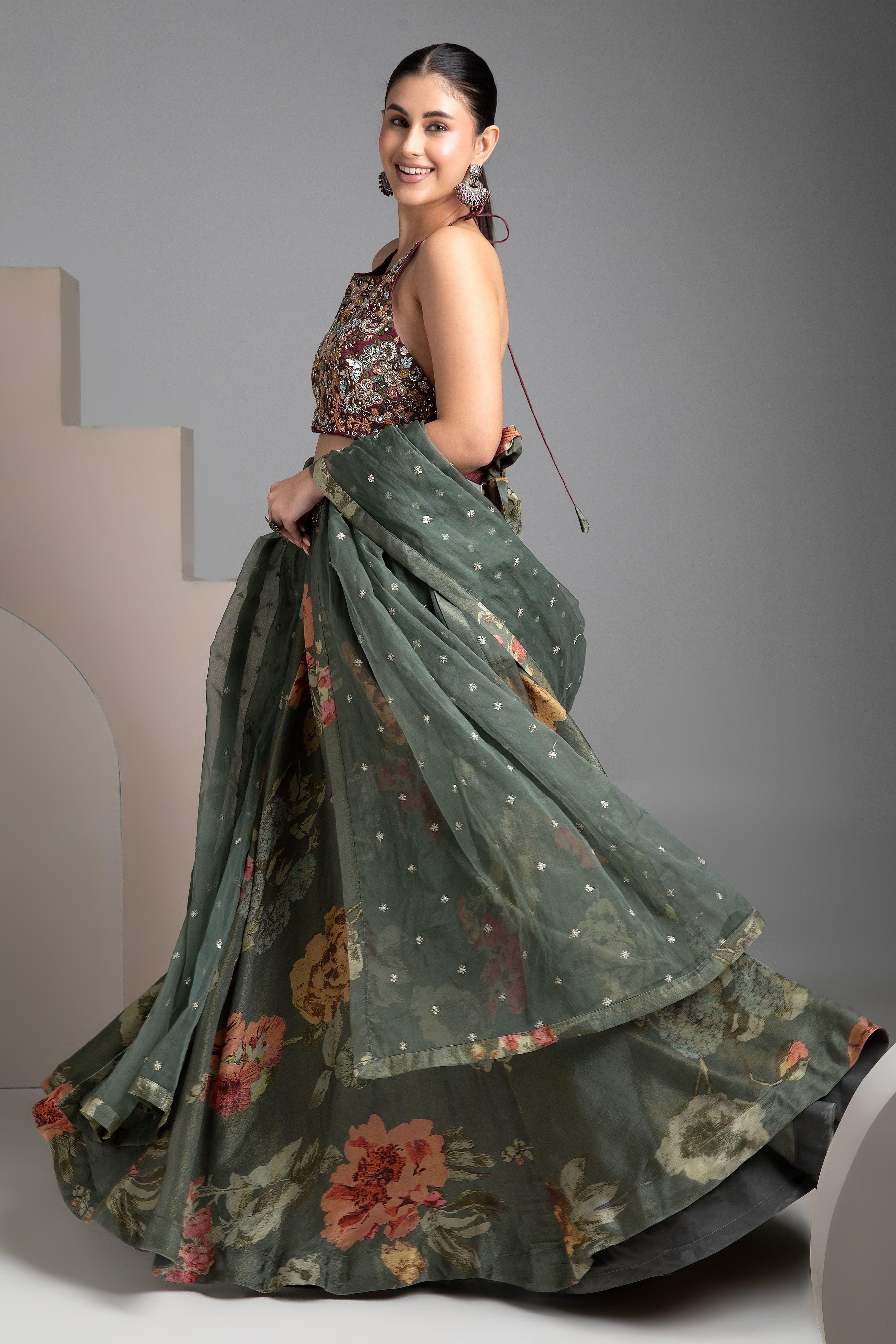 Olive Green Floral Halter-Neck Lehenga Set - Mokshaa