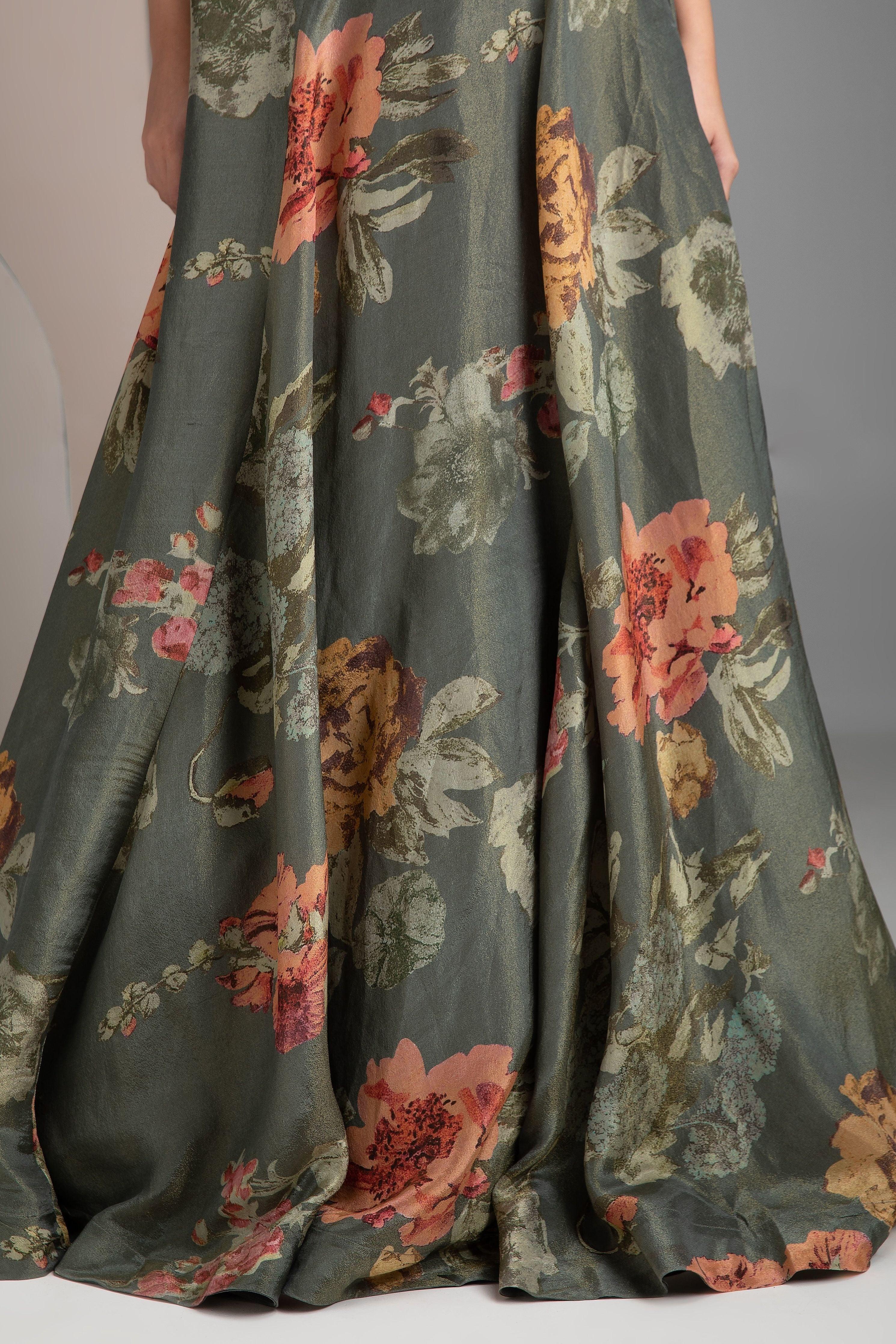 Olive Green Floral Halter-Neck Lehenga Set - Mokshaa