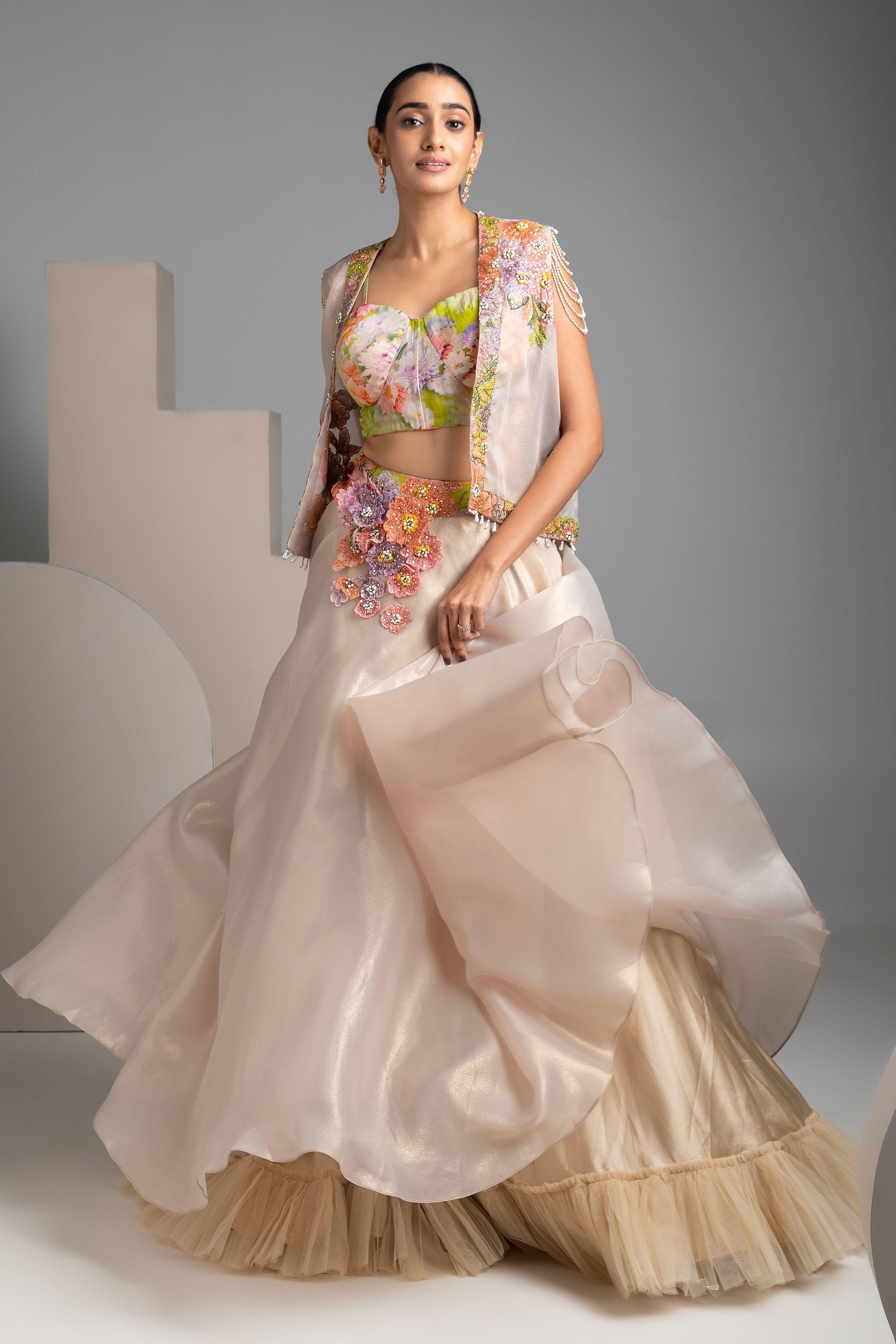 Elegant Floral Embroidered Beige Lehenga Set - Mokshaa
