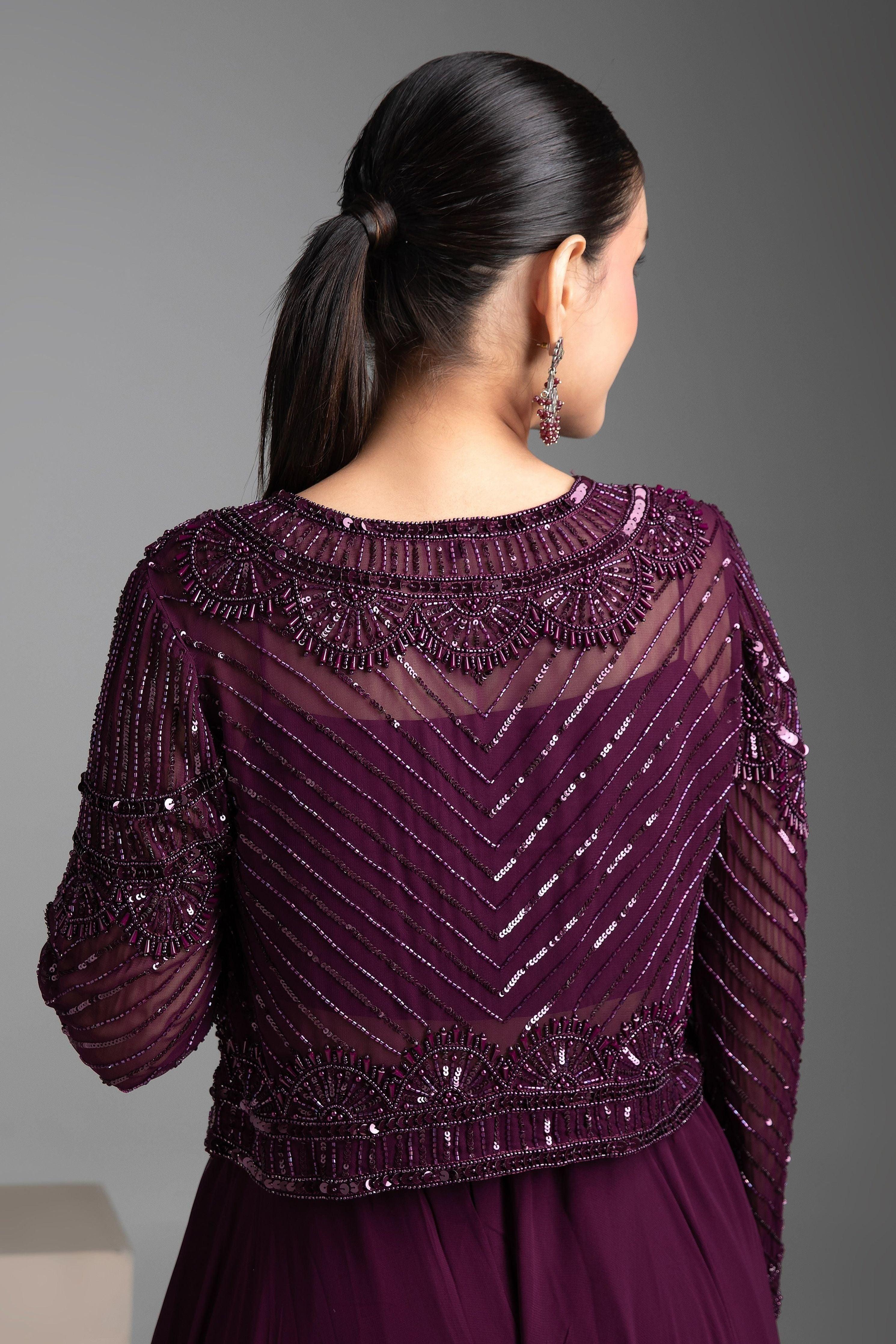 Maroon Palazzo Set with Cape - Mokshaa