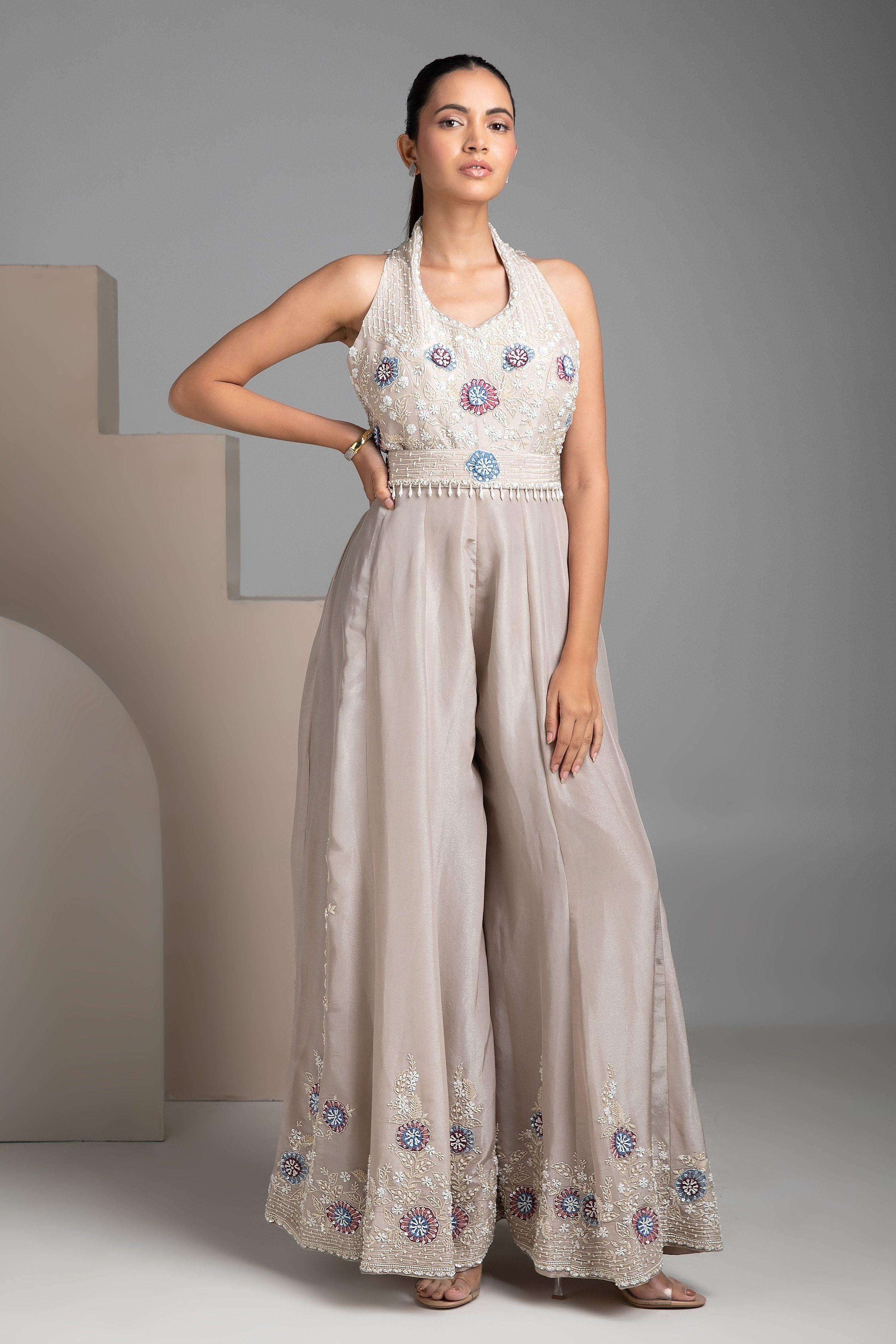Grey Halter Collar Flared Jumpsuit - Mokshaa