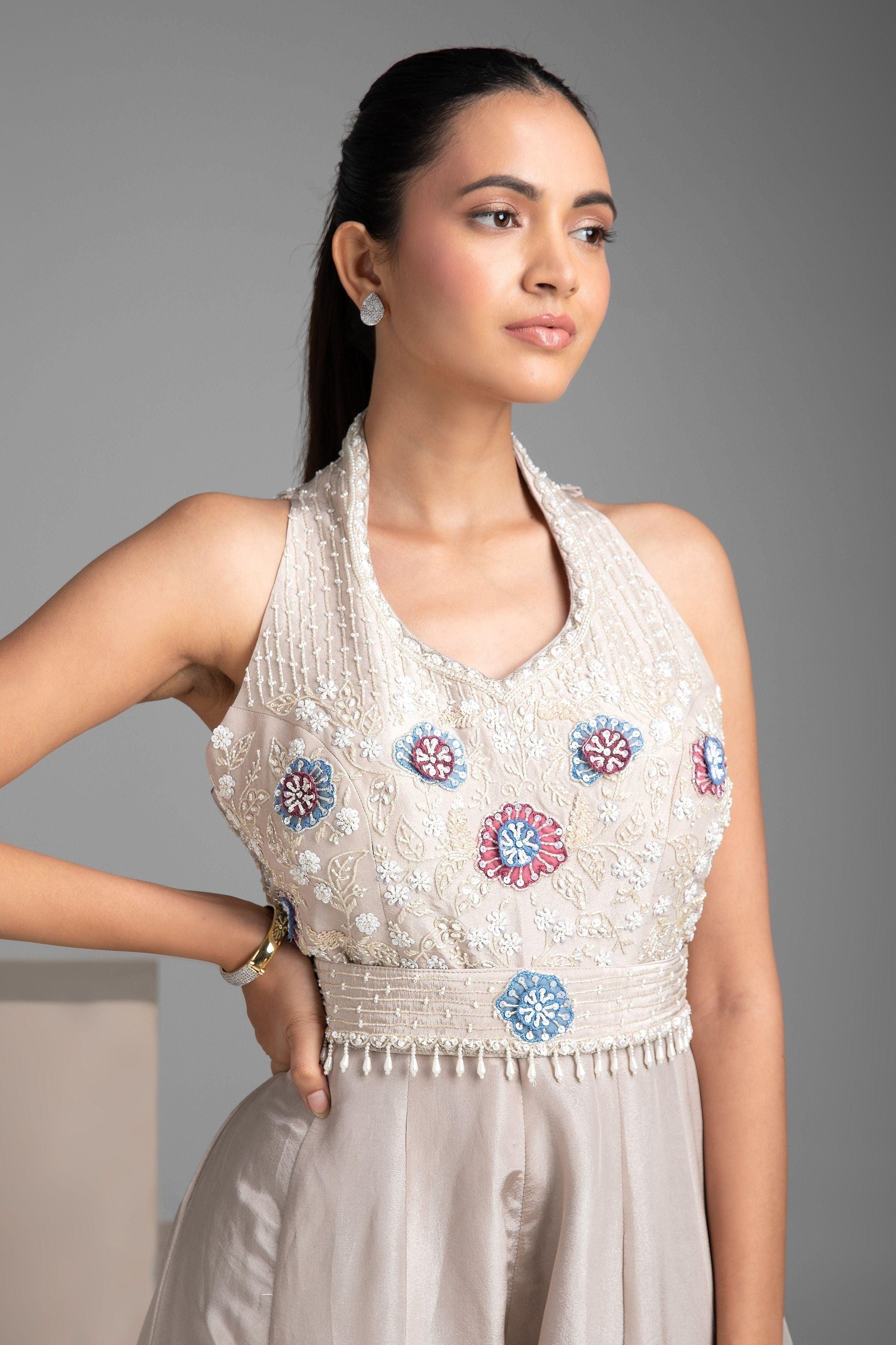 Grey Halter Collar Flared Jumpsuit - Mokshaa