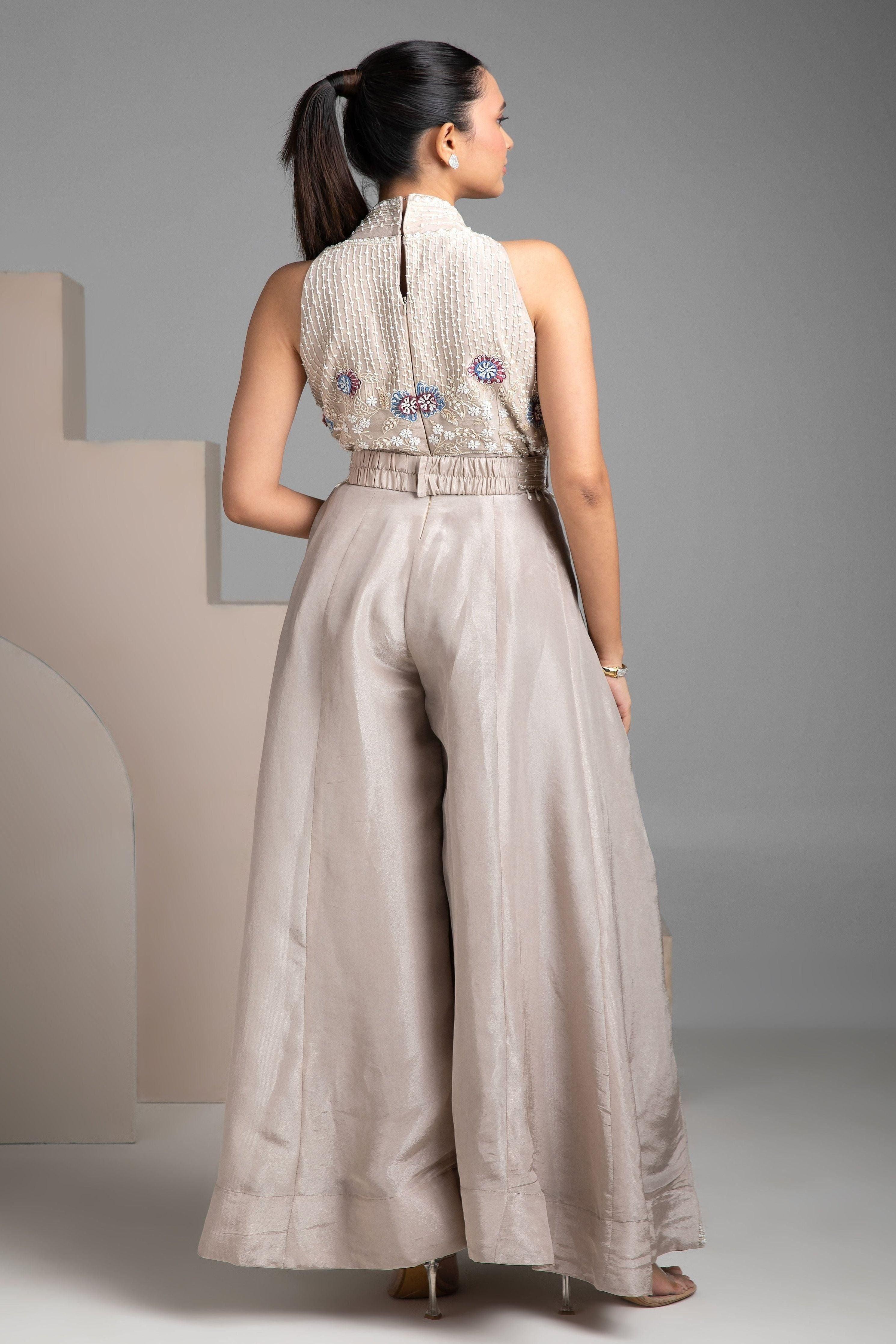 Grey Halter Collar Flared Jumpsuit - Mokshaa