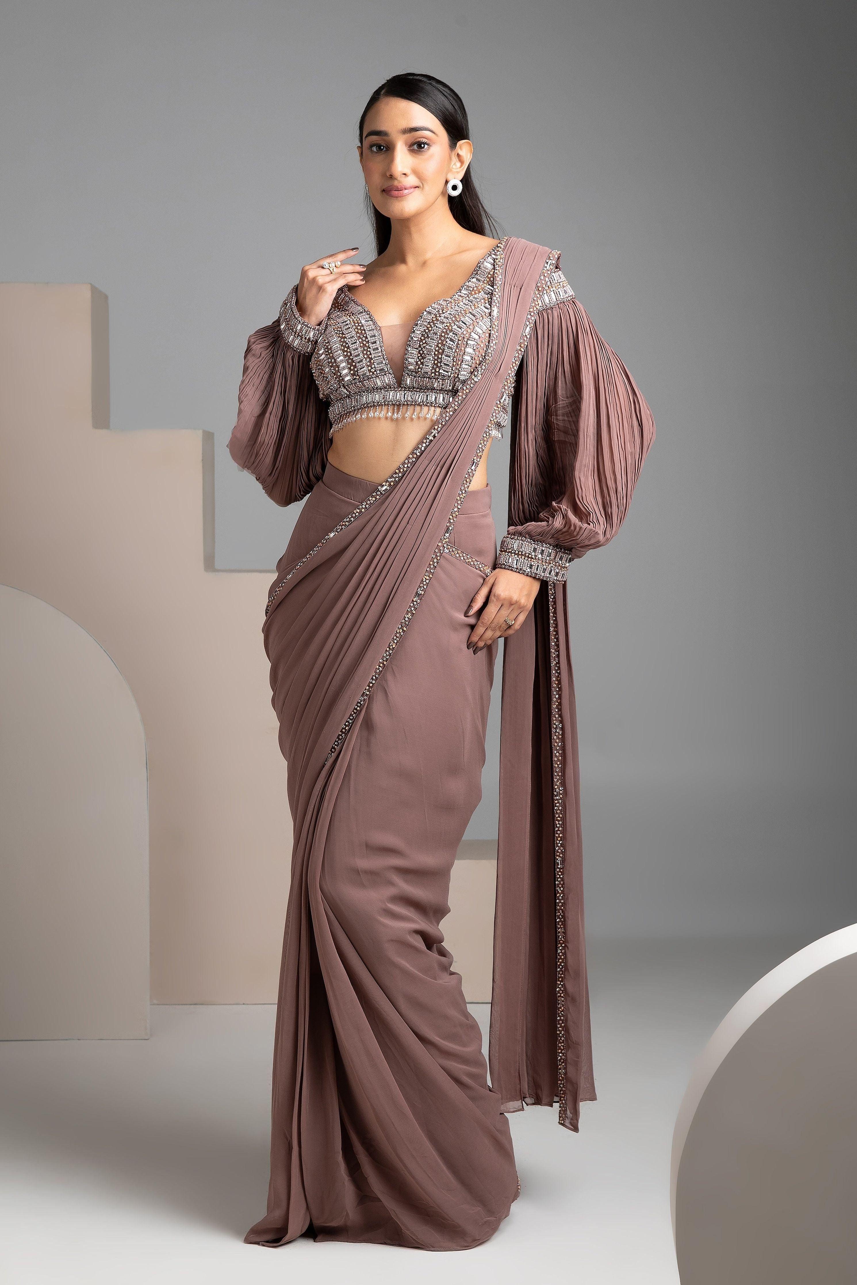 Rosy Brown Draped Saree - Mokshaa