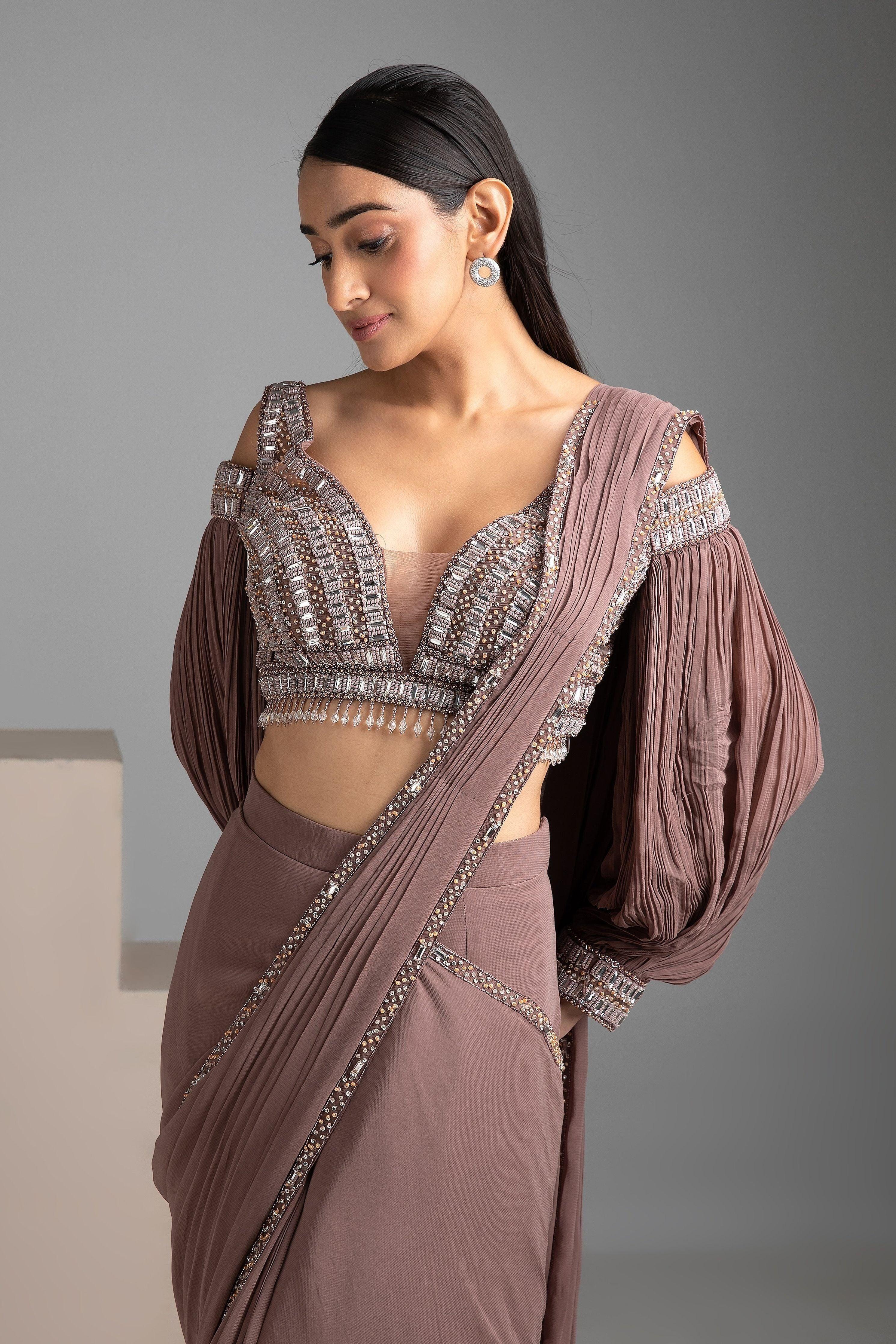 Rosy Brown Draped Saree - Mokshaa