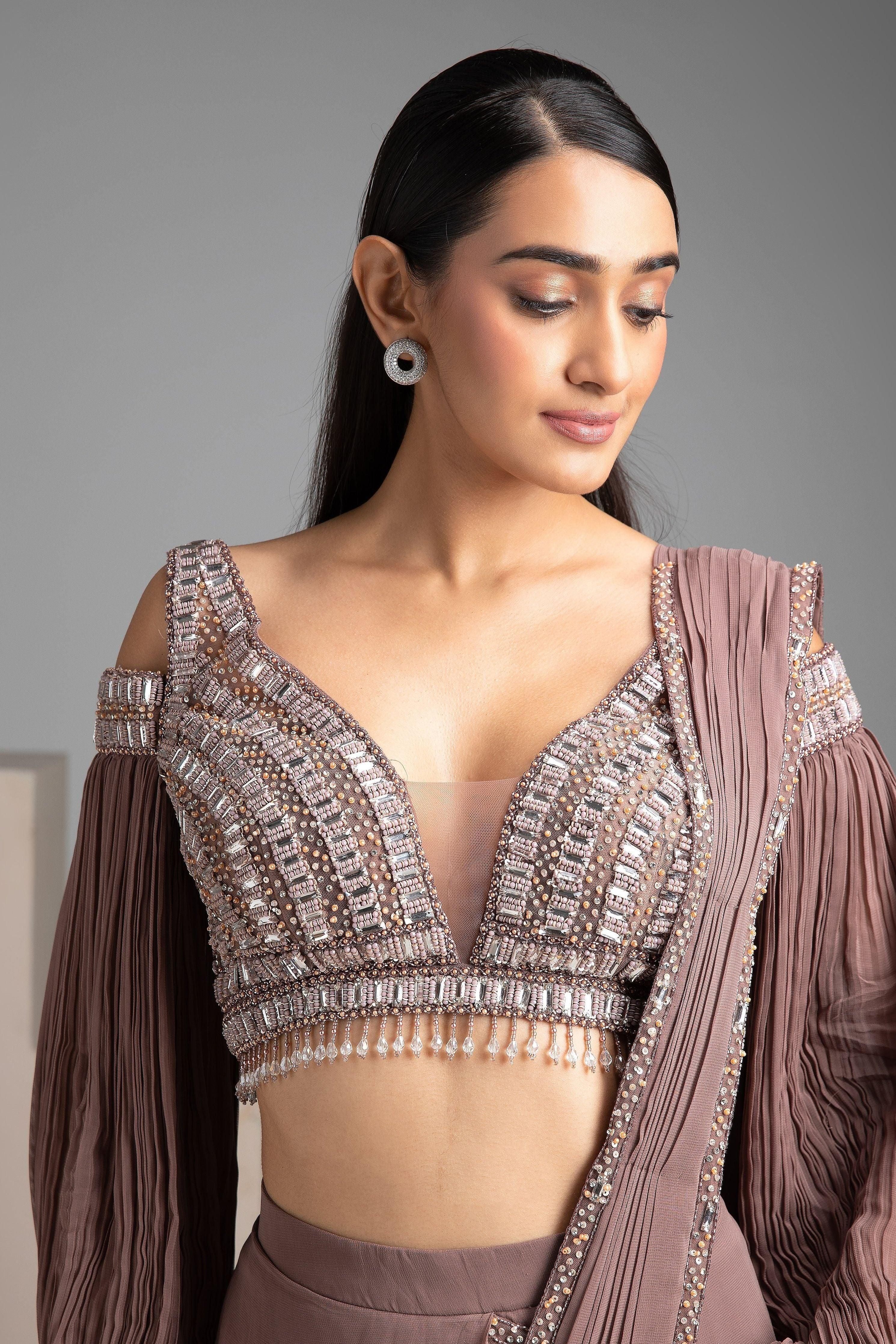 Rosy Brown Draped Saree - Mokshaa