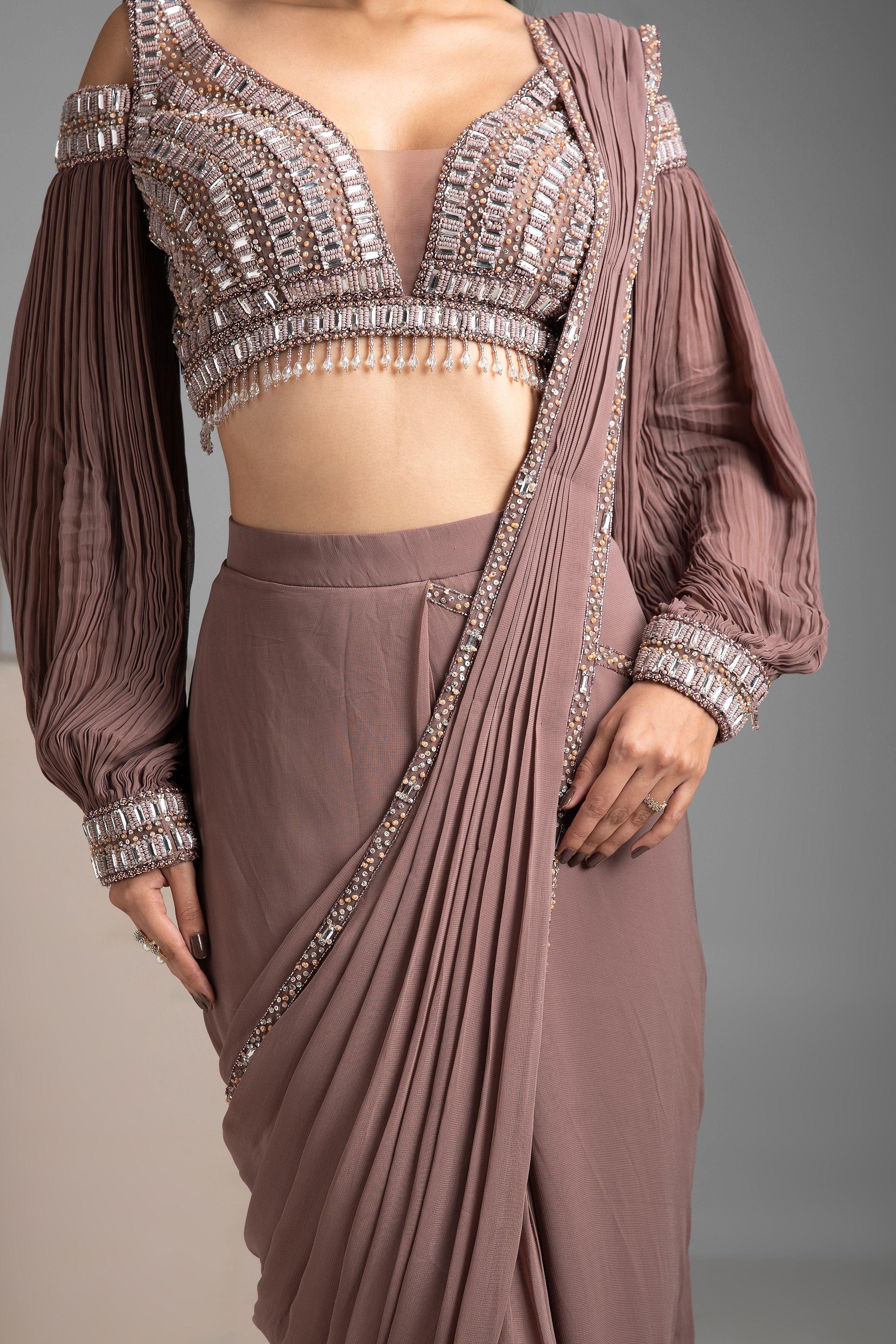 Rosy Brown Draped Saree - Mokshaa