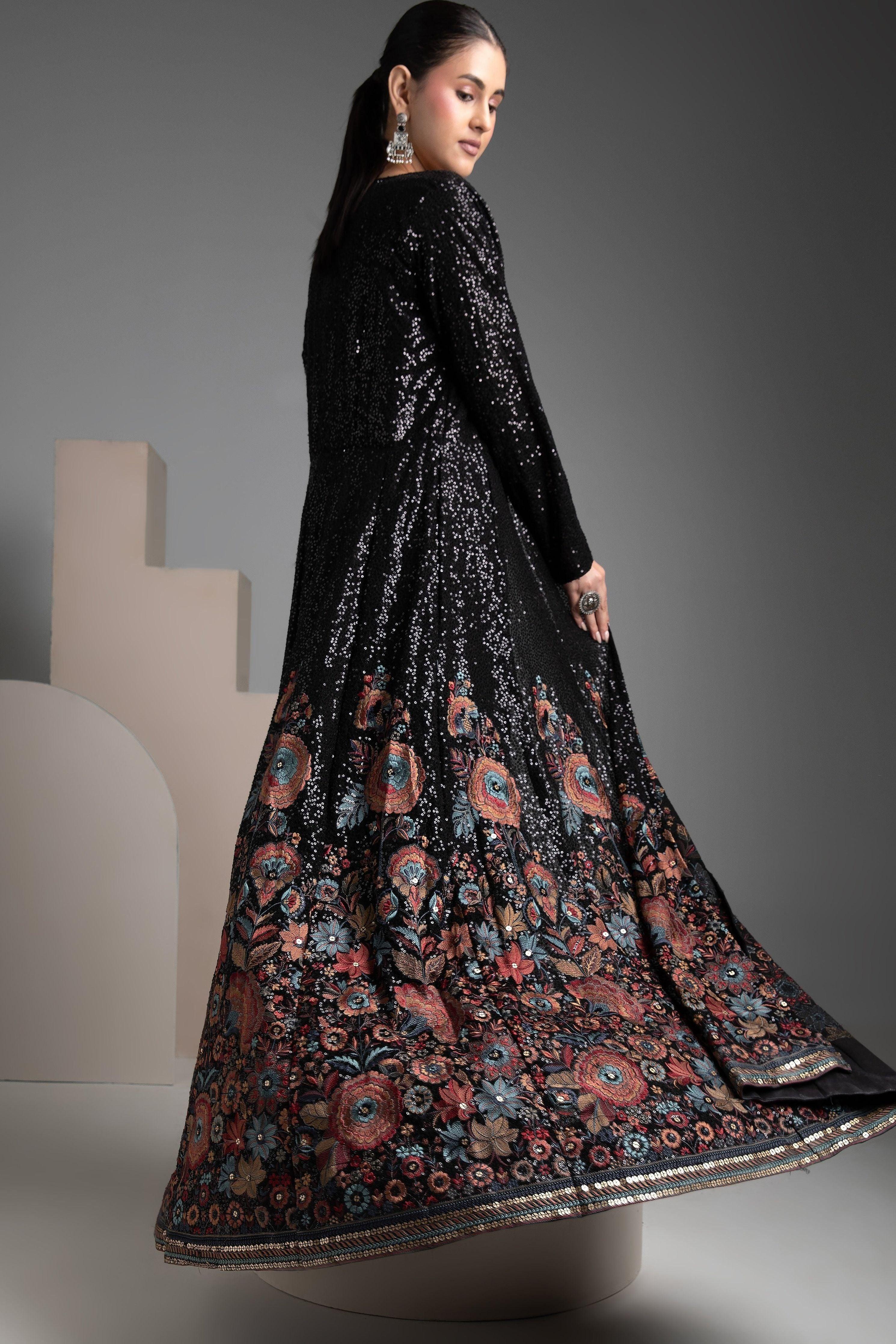 Black Georgette Indo-western Jacket Set - Mokshaa