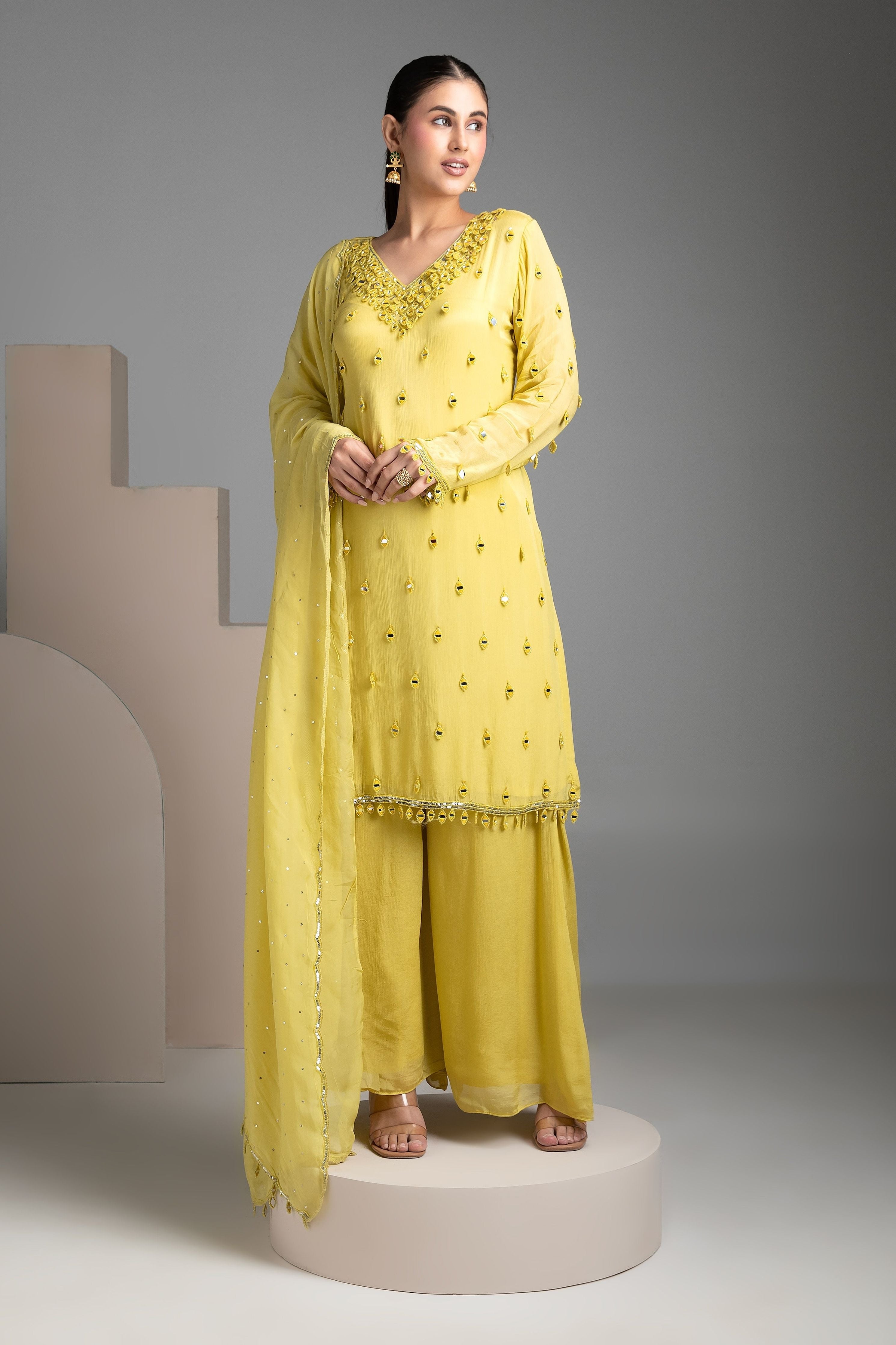 Lemon Yellow chinon sharara set - Mokshaa