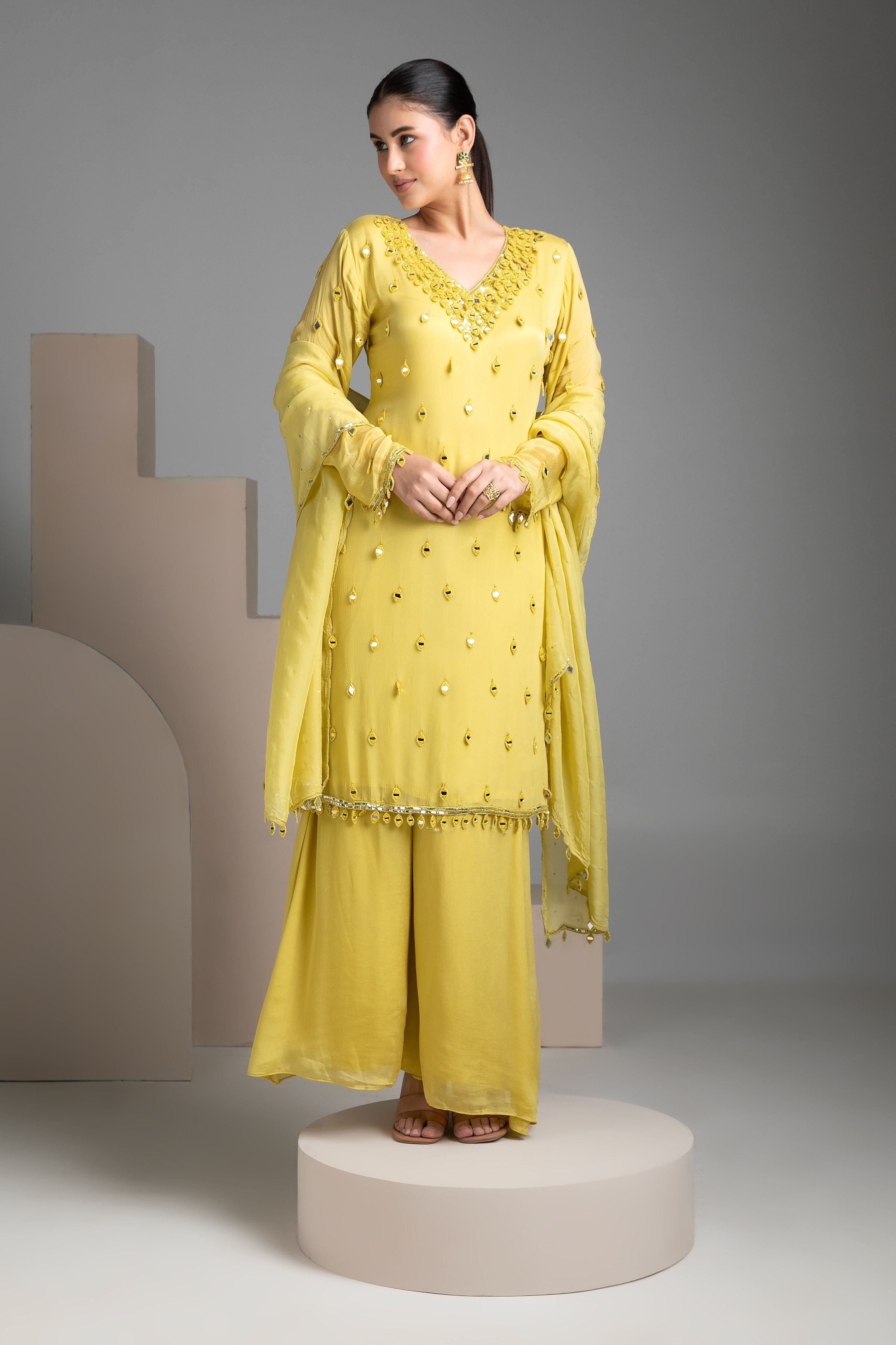 Lemon Yellow chinon sharara set - Mokshaa