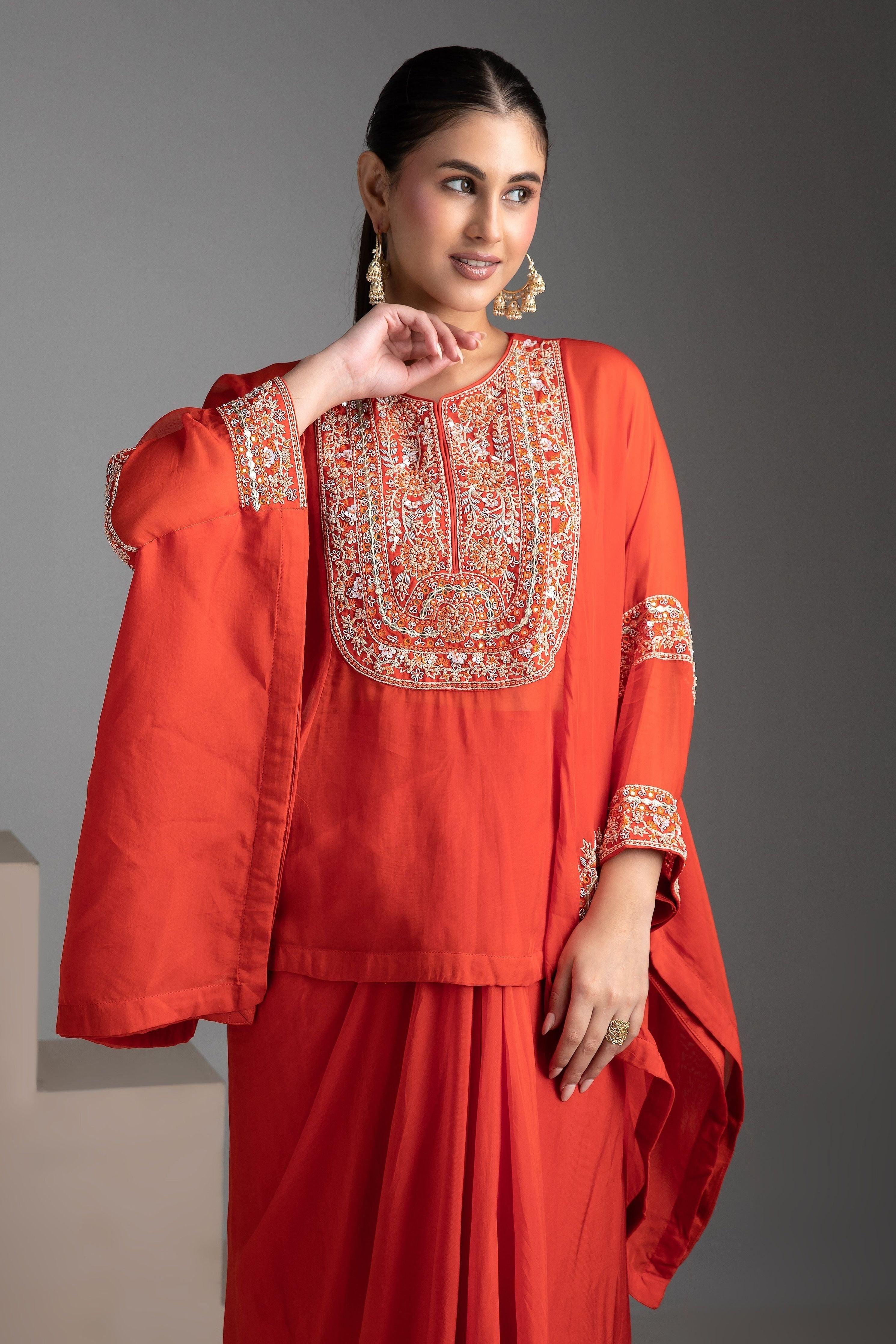 Orange Indo-Western Short Kaftan Set - Mokshaa
