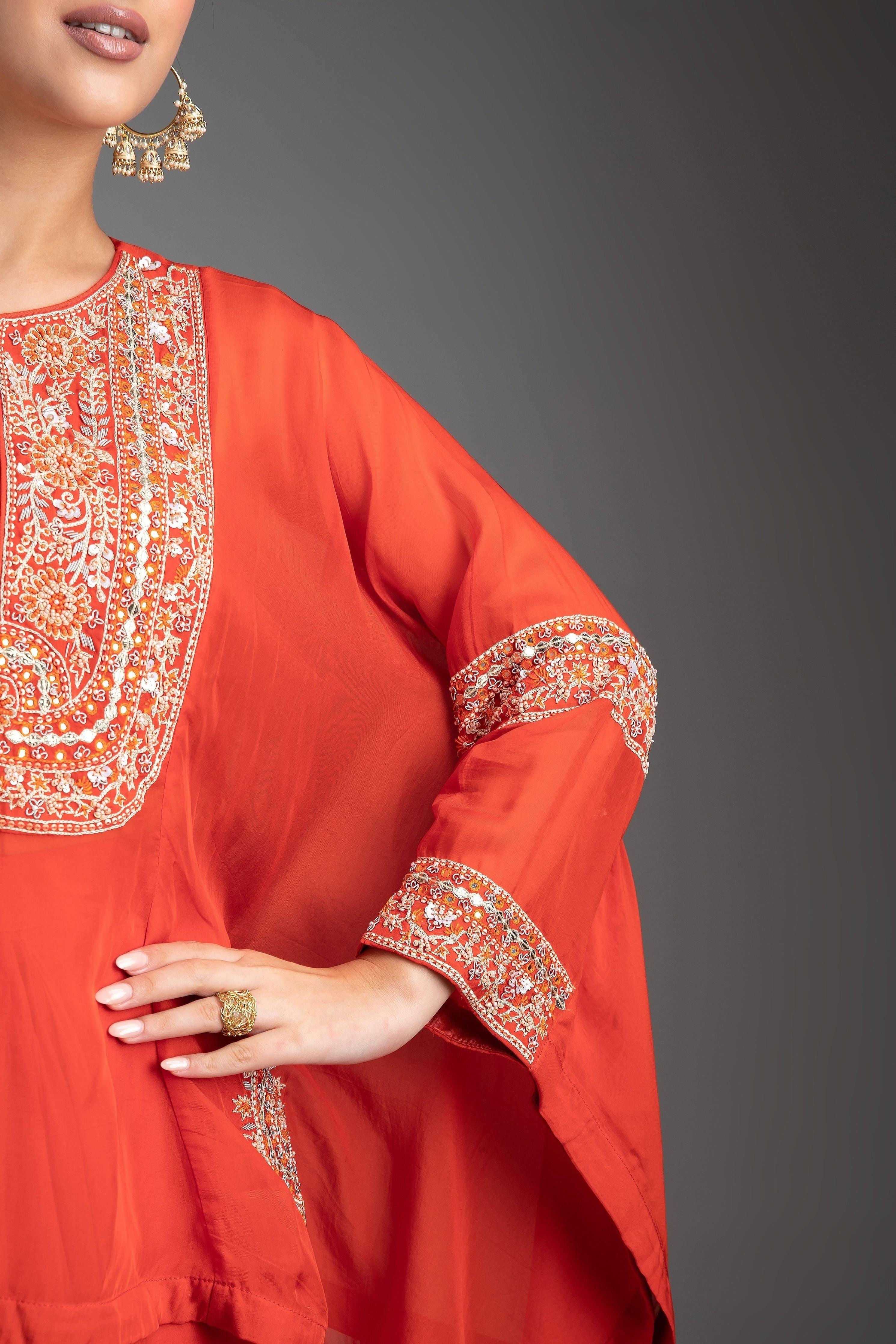 Orange Indo-Western Short Kaftan Set - Mokshaa
