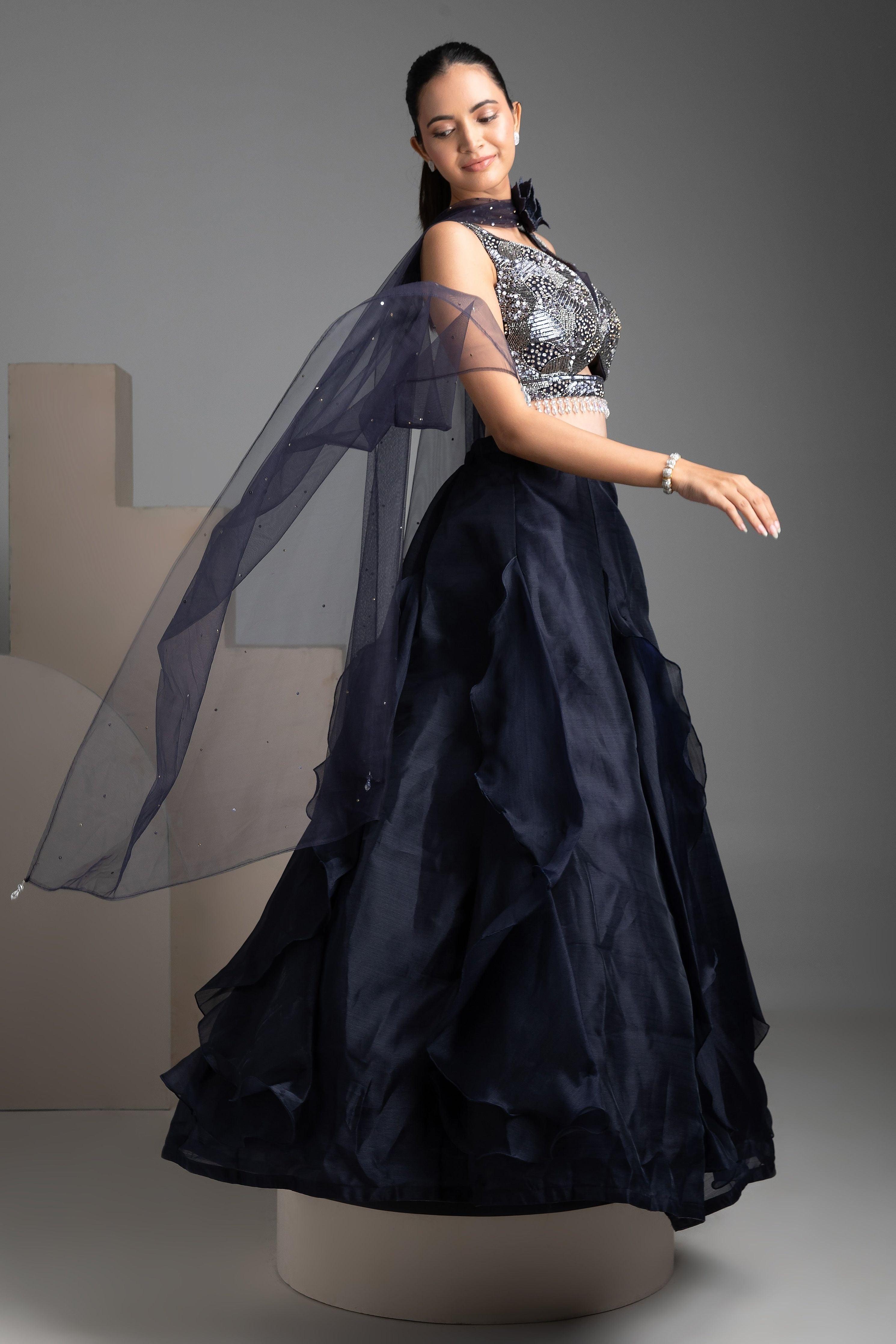Navy Blue Organza Lehenga Set - Mokshaa