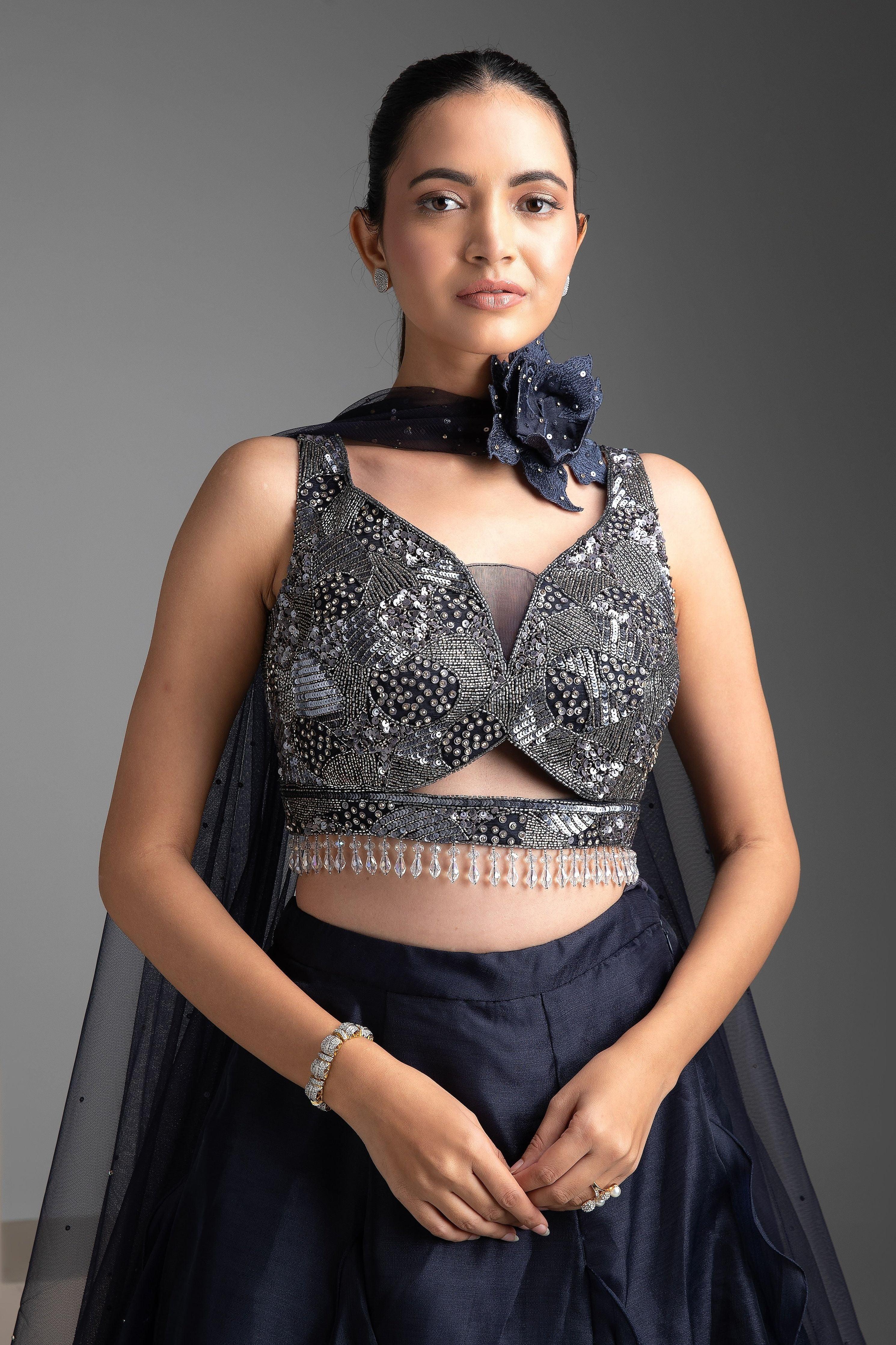 Navy Blue Organza Lehenga Set - Mokshaa