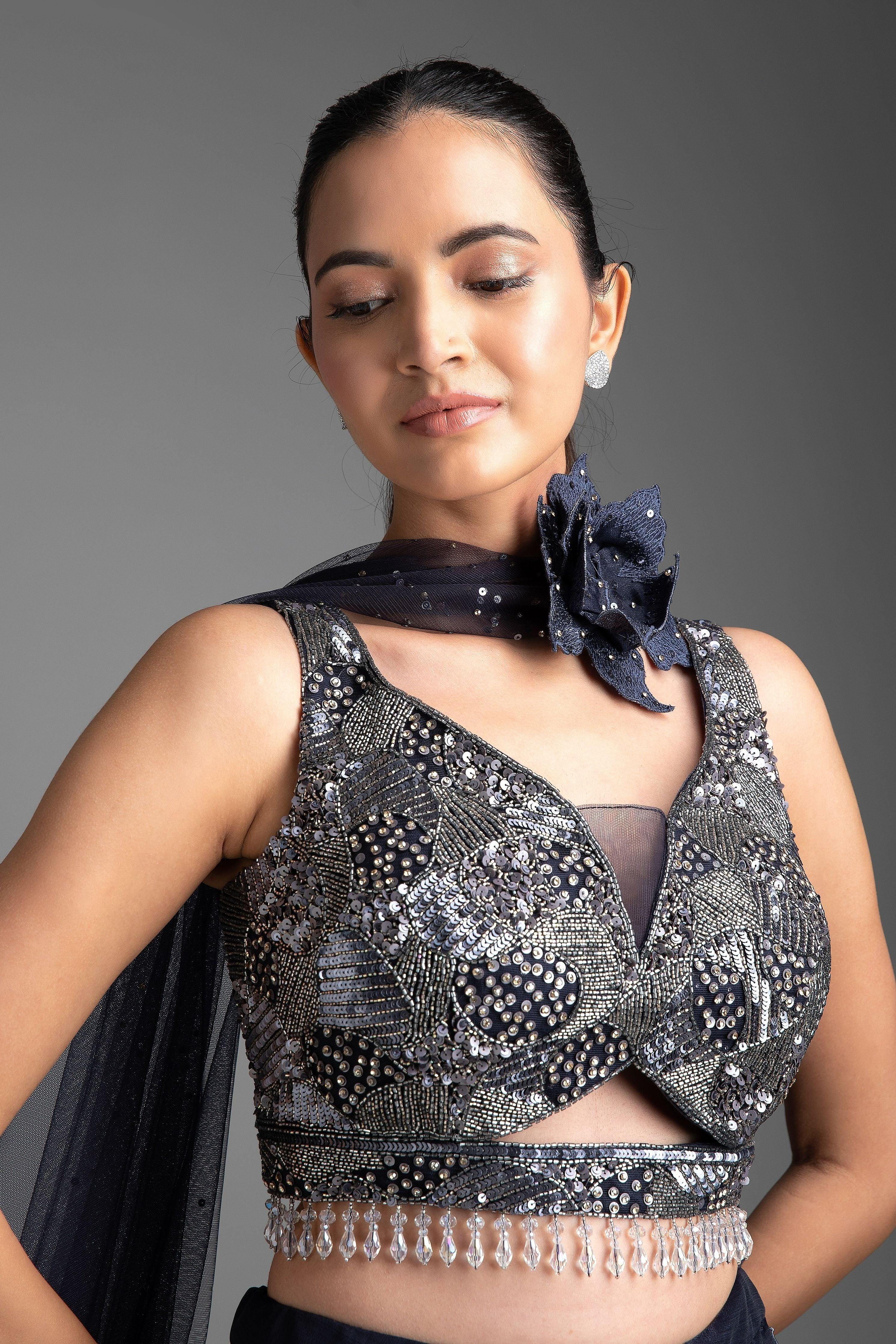 Navy Blue Organza Lehenga Set - Mokshaa