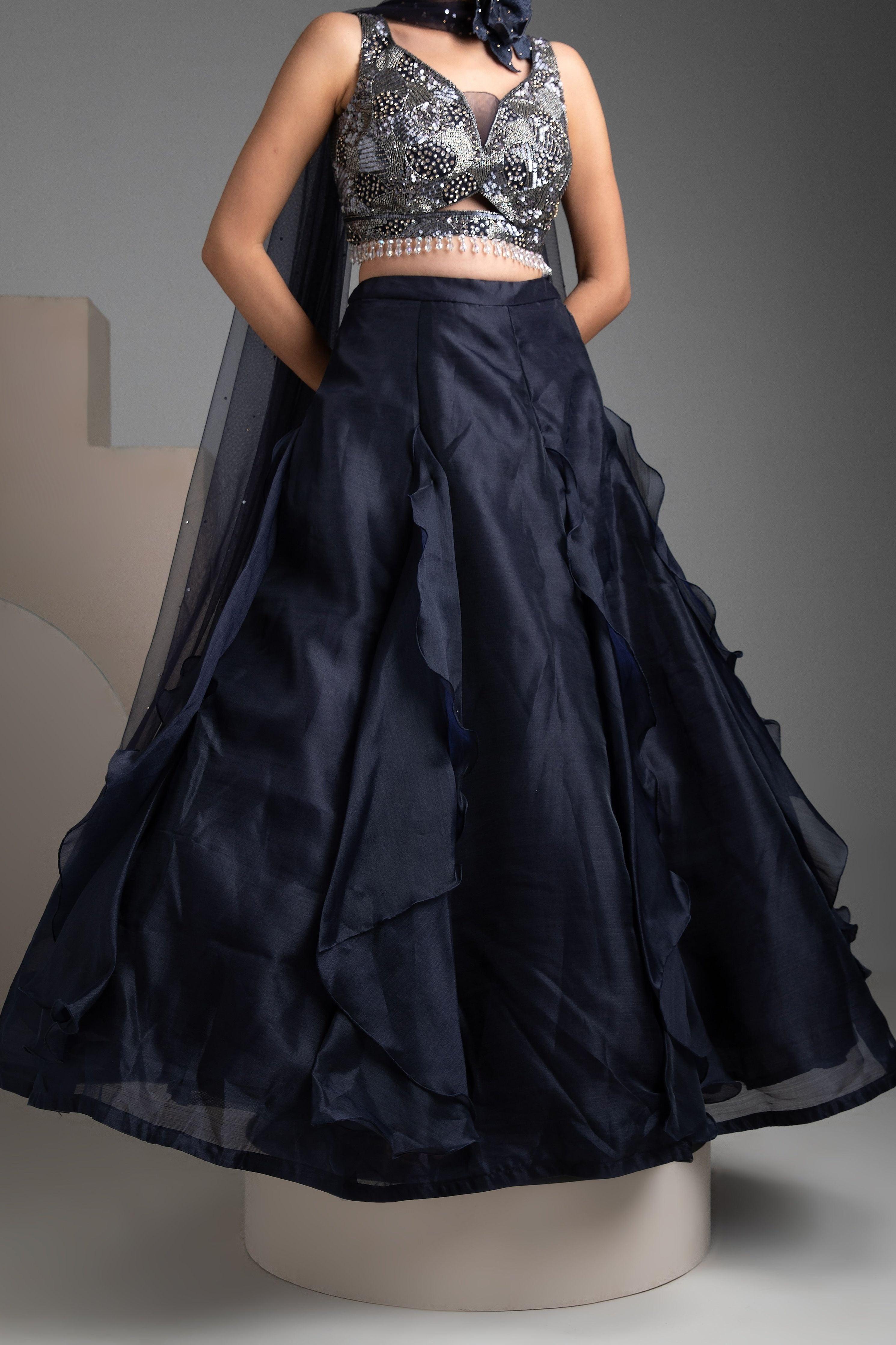 Navy Blue Organza Lehenga Set - Mokshaa