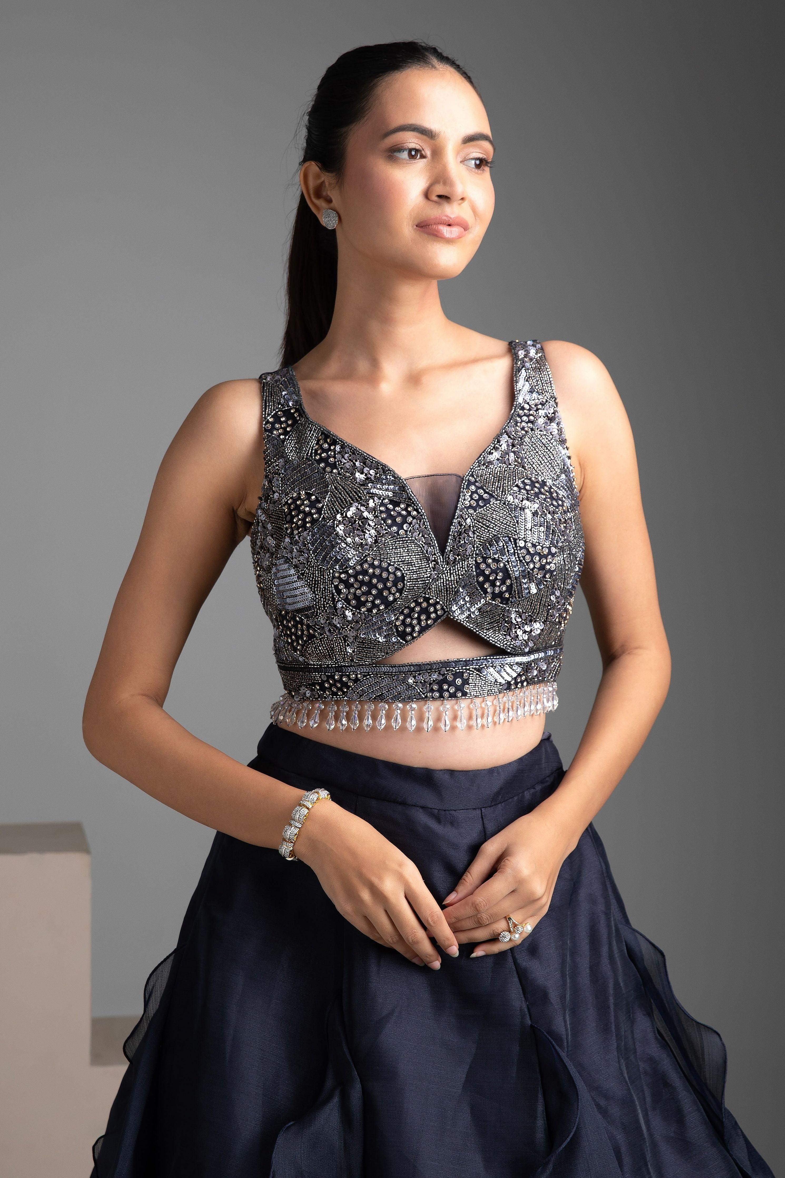 Navy Blue Organza Lehenga Set - Mokshaa