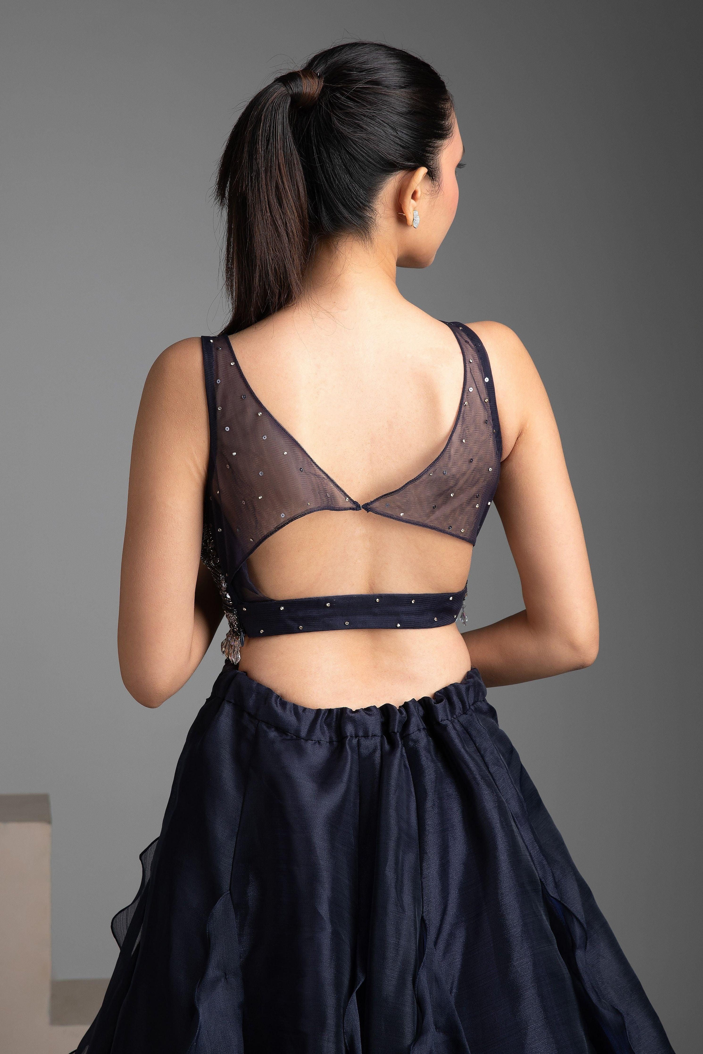 Navy Blue Organza Lehenga Set - Mokshaa