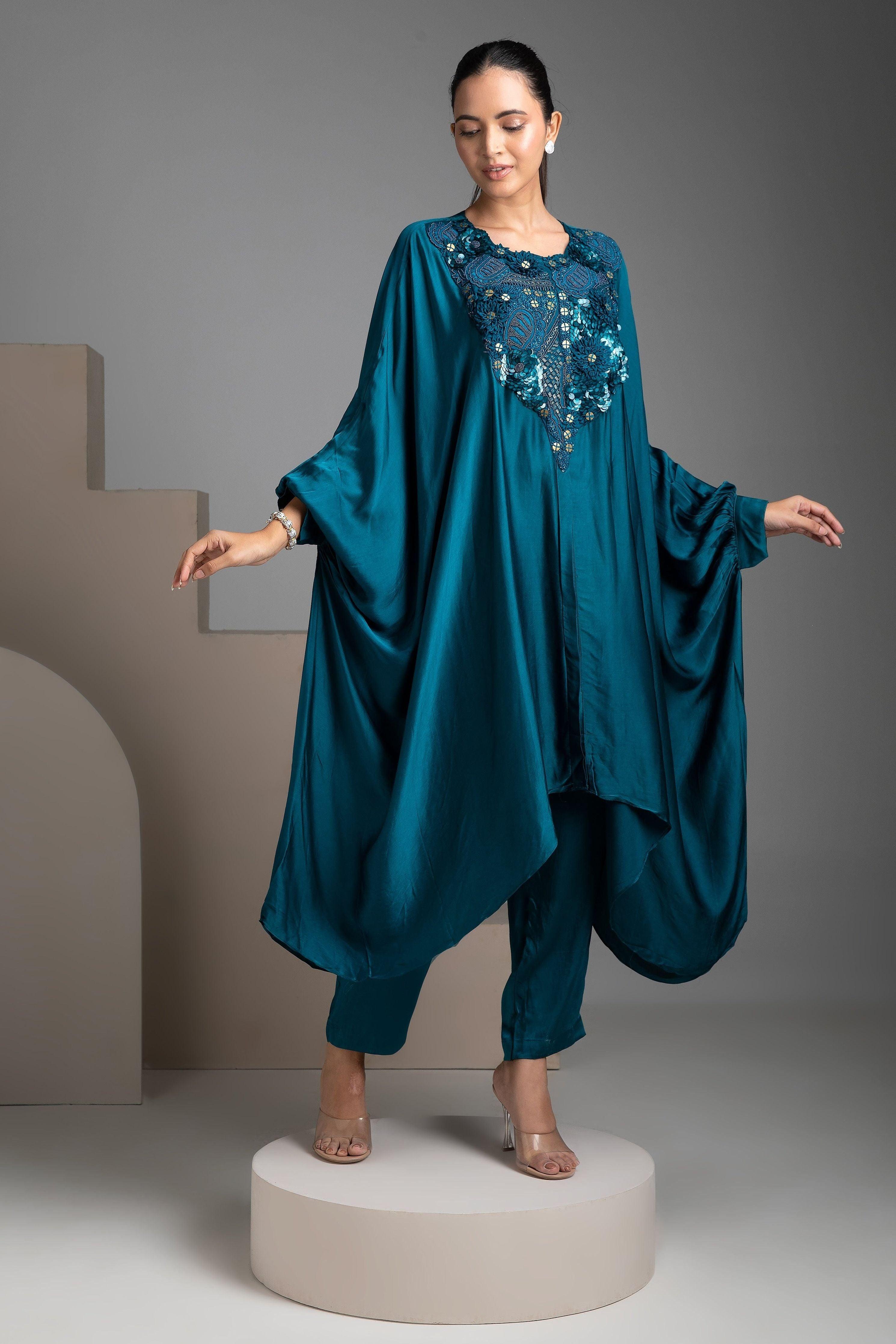 Electric Blue Satin Kaftan and Pant Fusion Set - Mokshaa