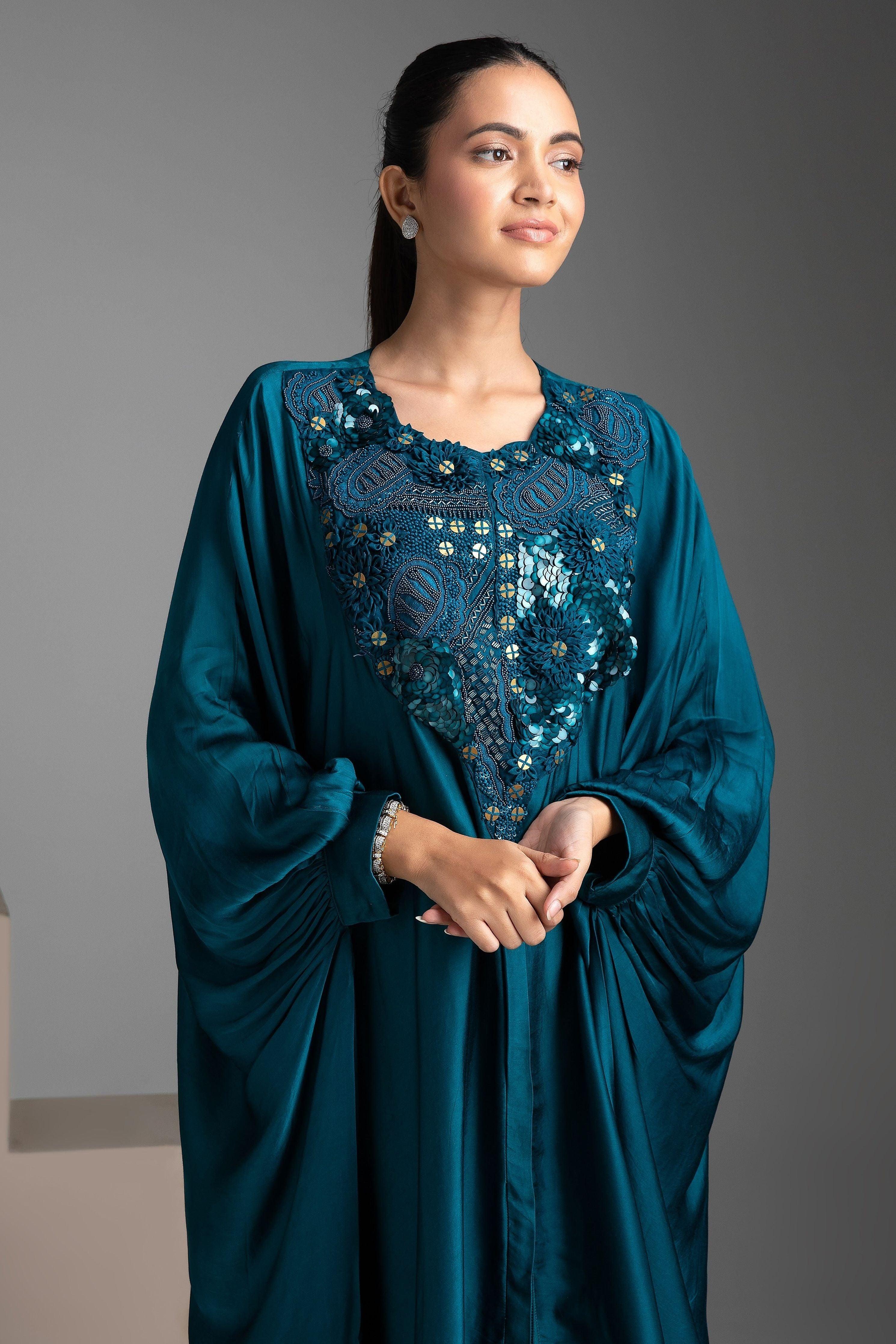 Electric Blue Satin Kaftan and Pant Fusion Set - Mokshaa