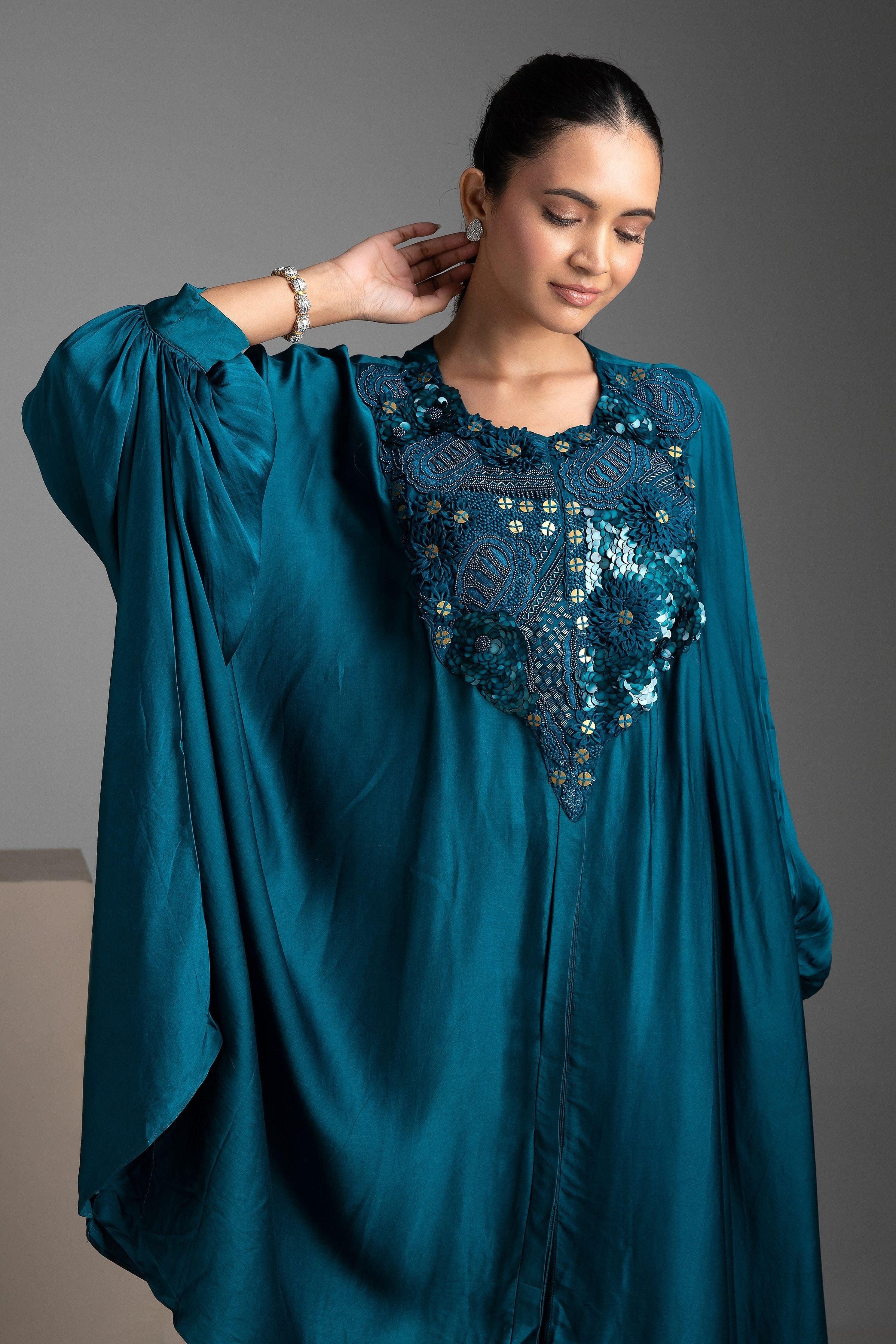 Electric Blue Satin Kaftan and Pant Fusion Set - Mokshaa