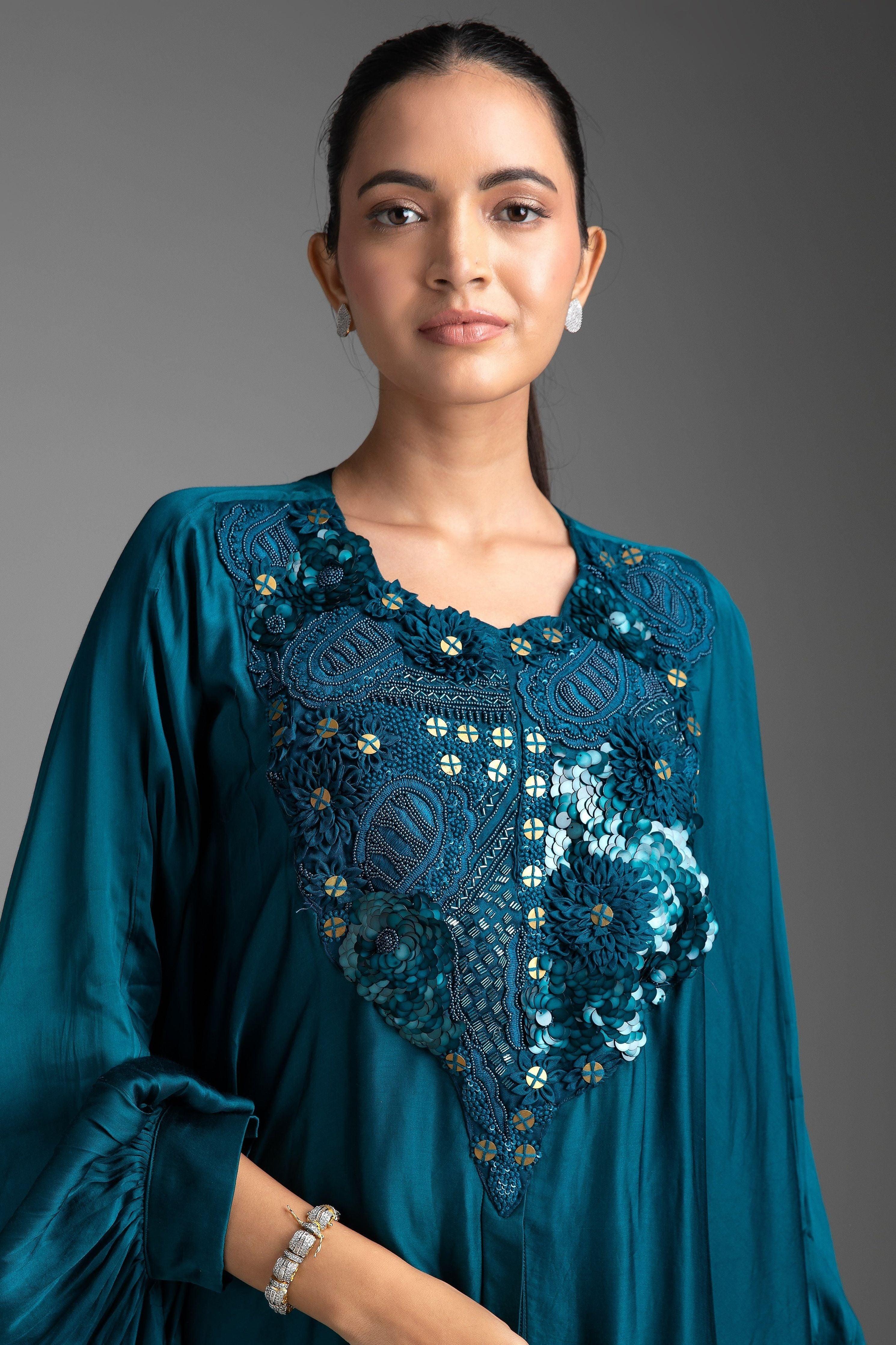 Electric Blue Satin Kaftan and Pant Fusion Set - Mokshaa