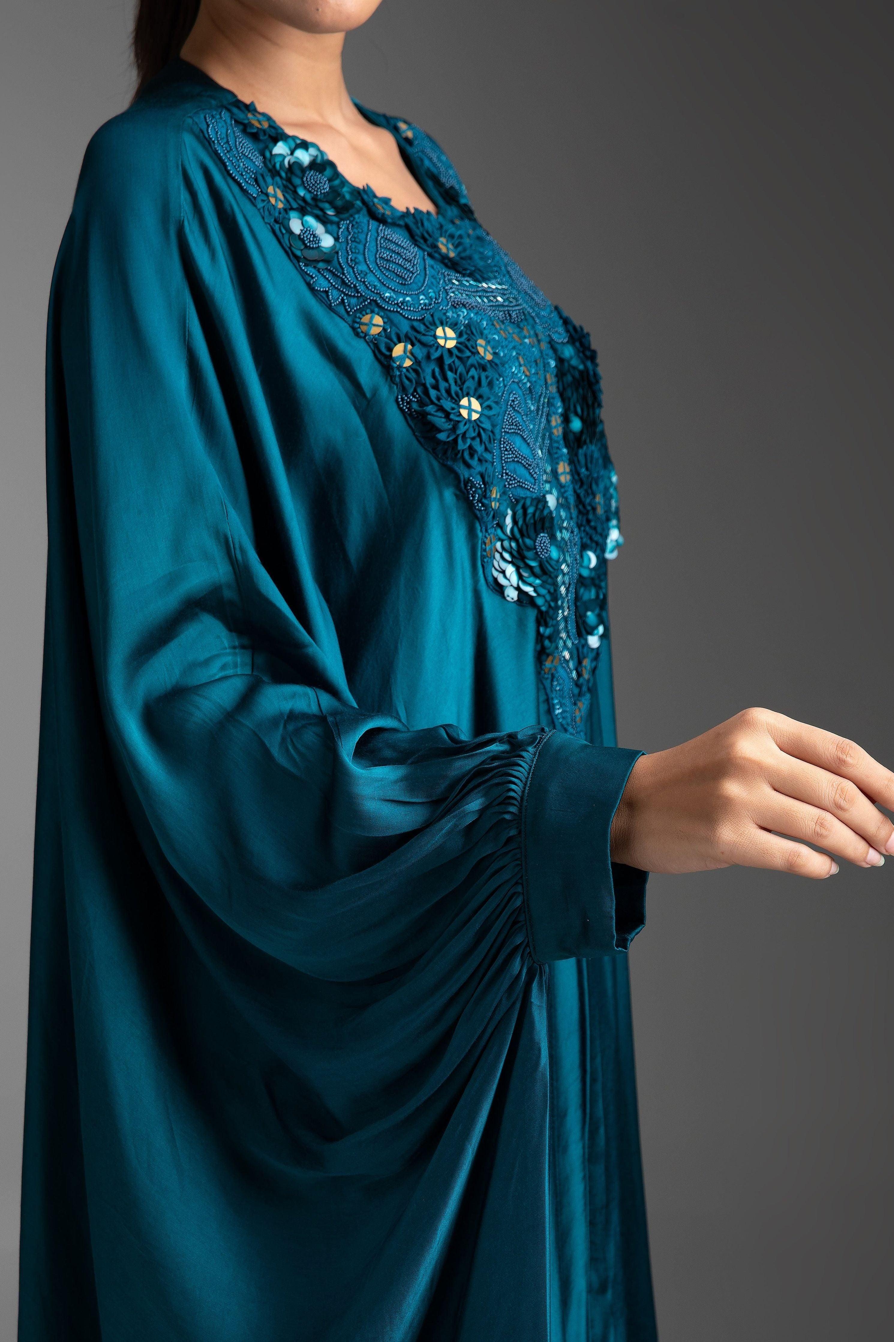 Electric Blue Satin Kaftan and Pant Fusion Set - Mokshaa