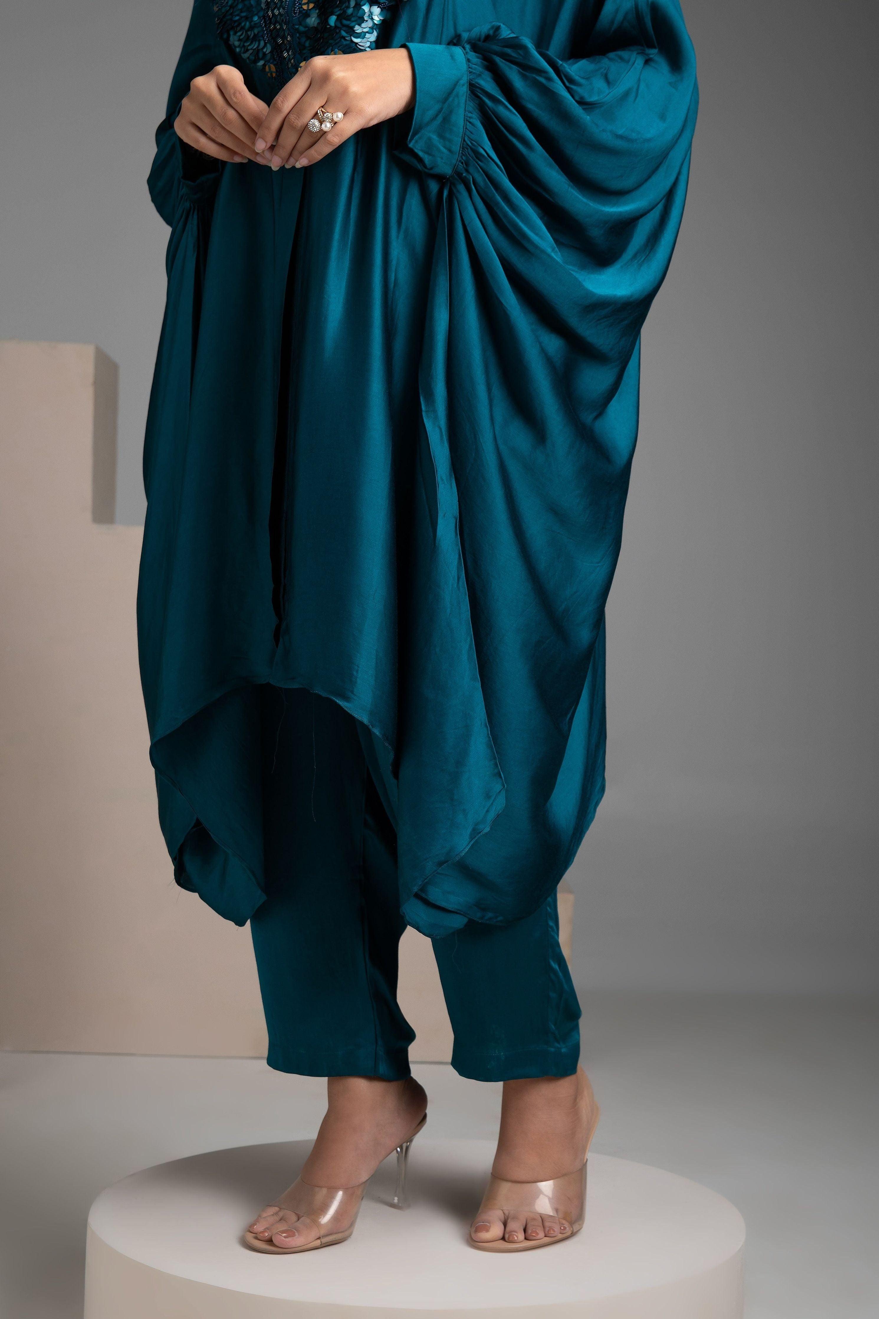 Electric Blue Satin Kaftan and Pant Fusion Set - Mokshaa
