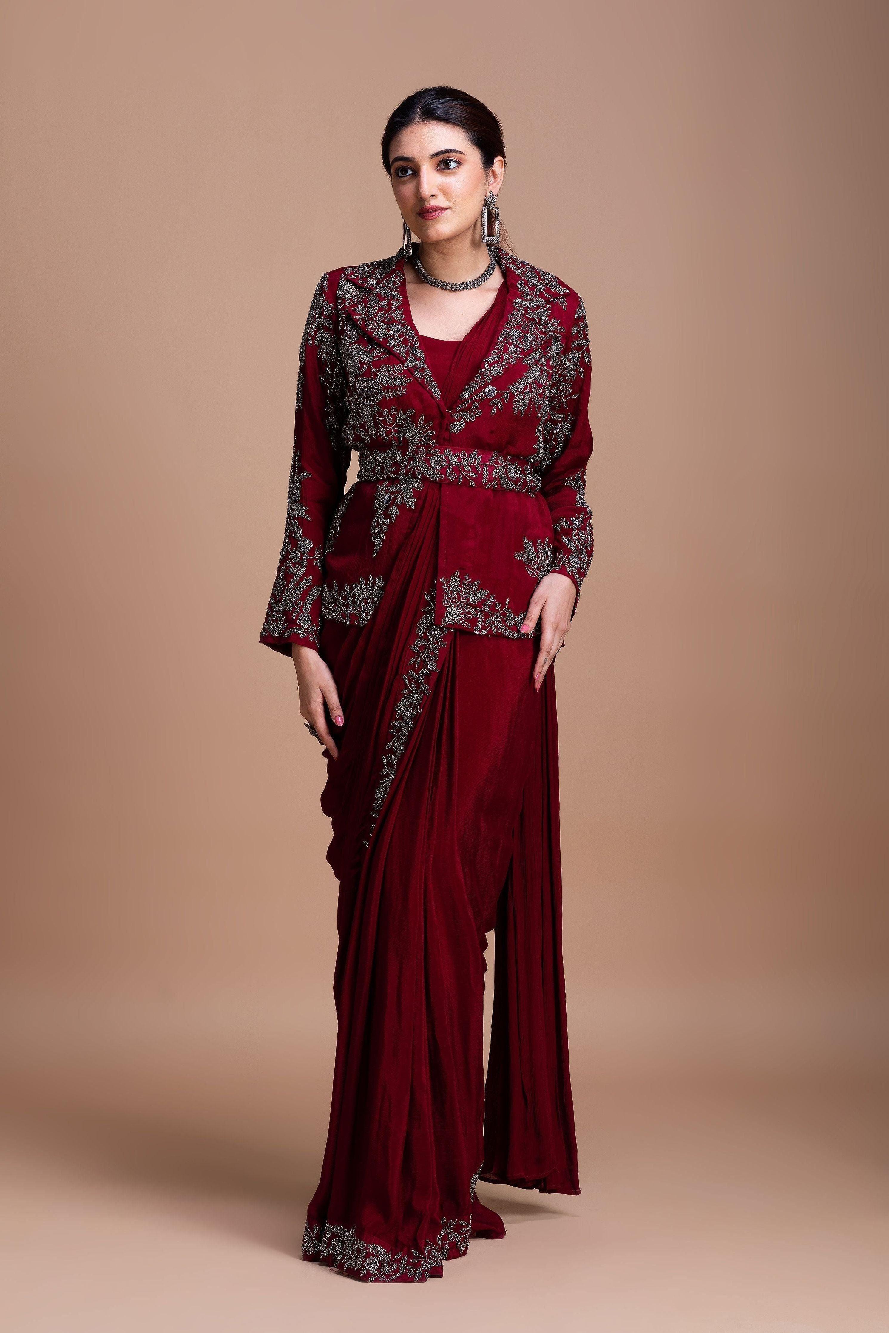 Wine Red Embroidered Blazer-Style Saree Set Mokshaa