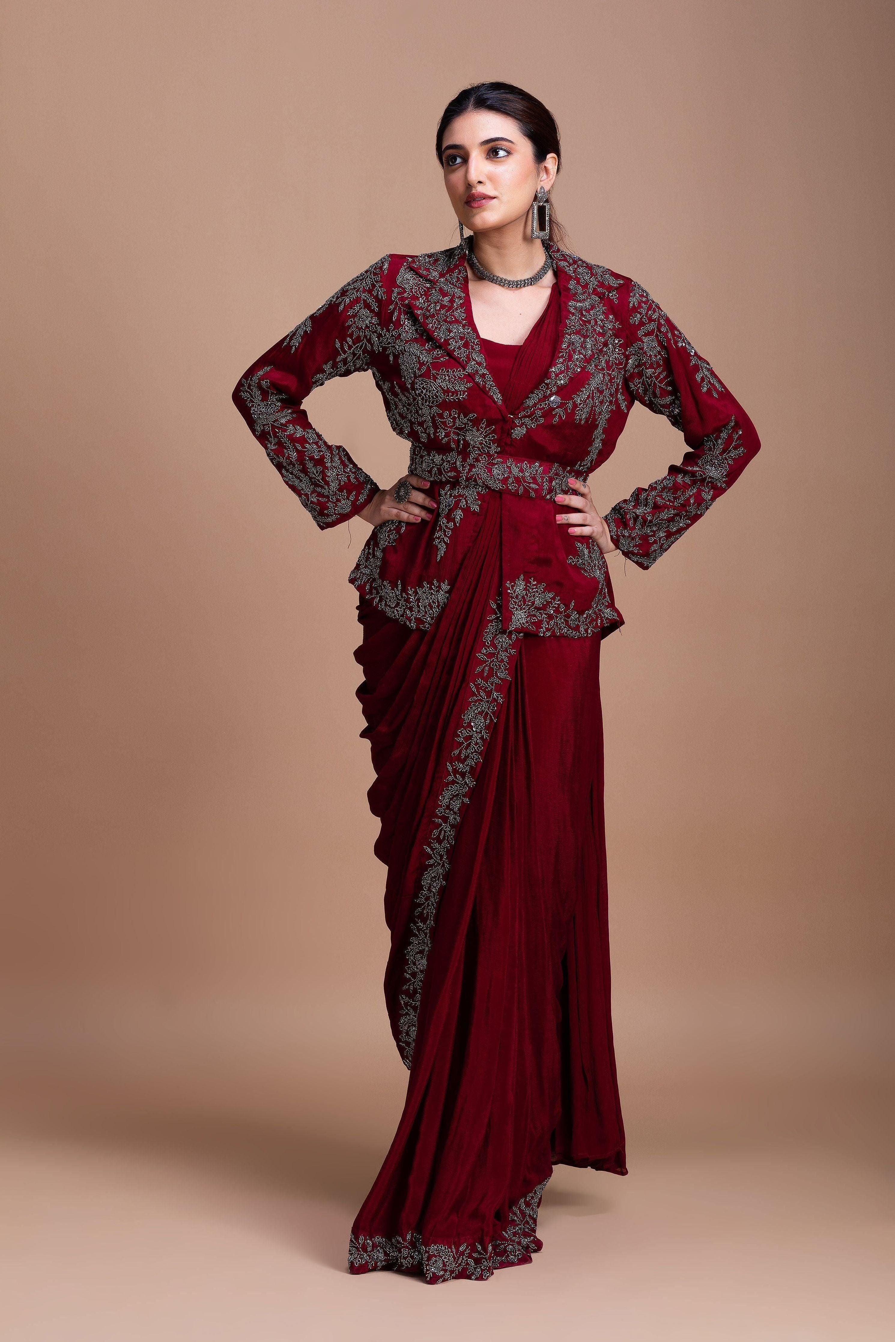 Wine Red Embroidered Blazer-Style Saree Set Mokshaa