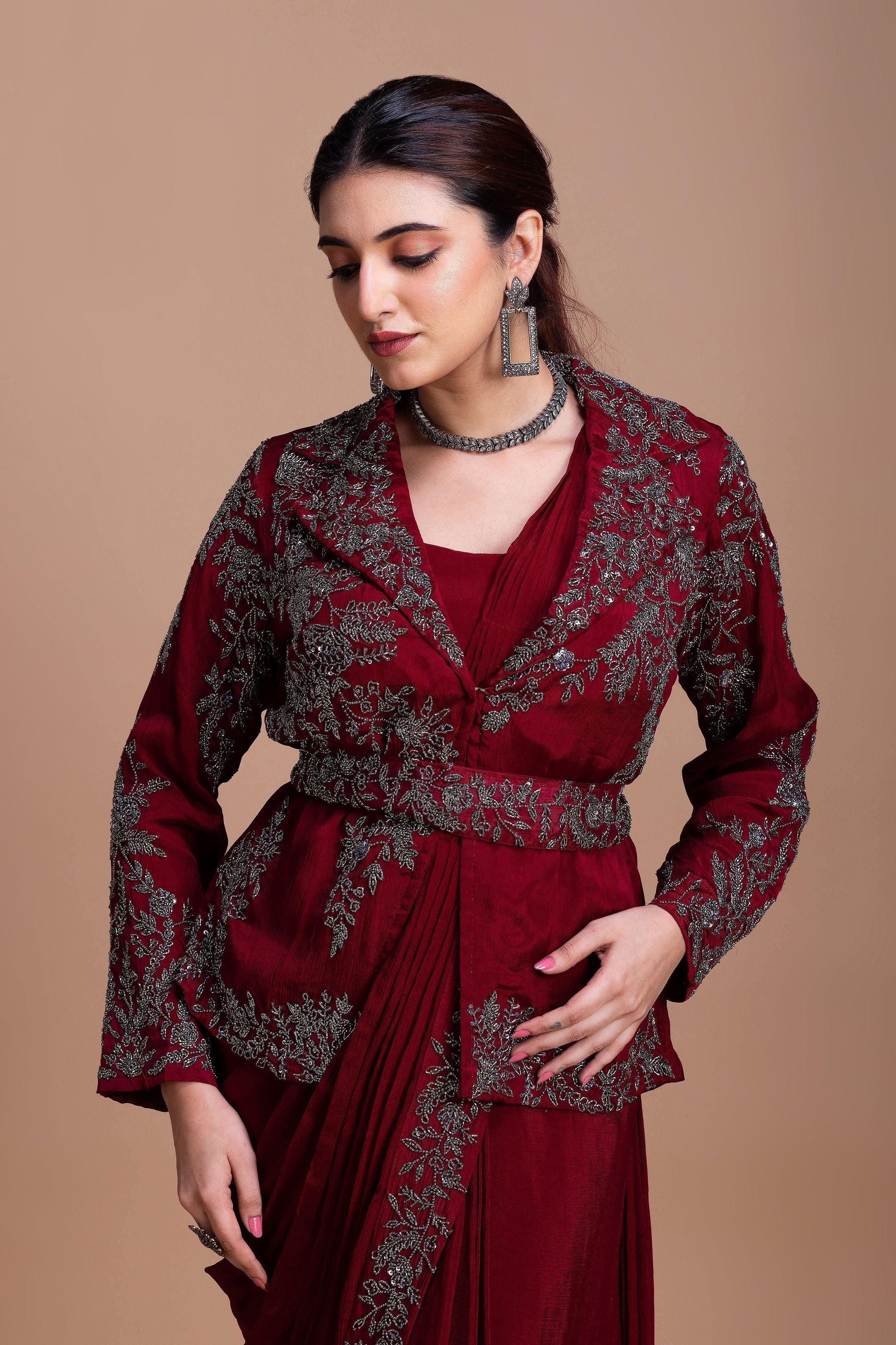 Wine Red Embroidered Blazer-Style Saree Set Mokshaa